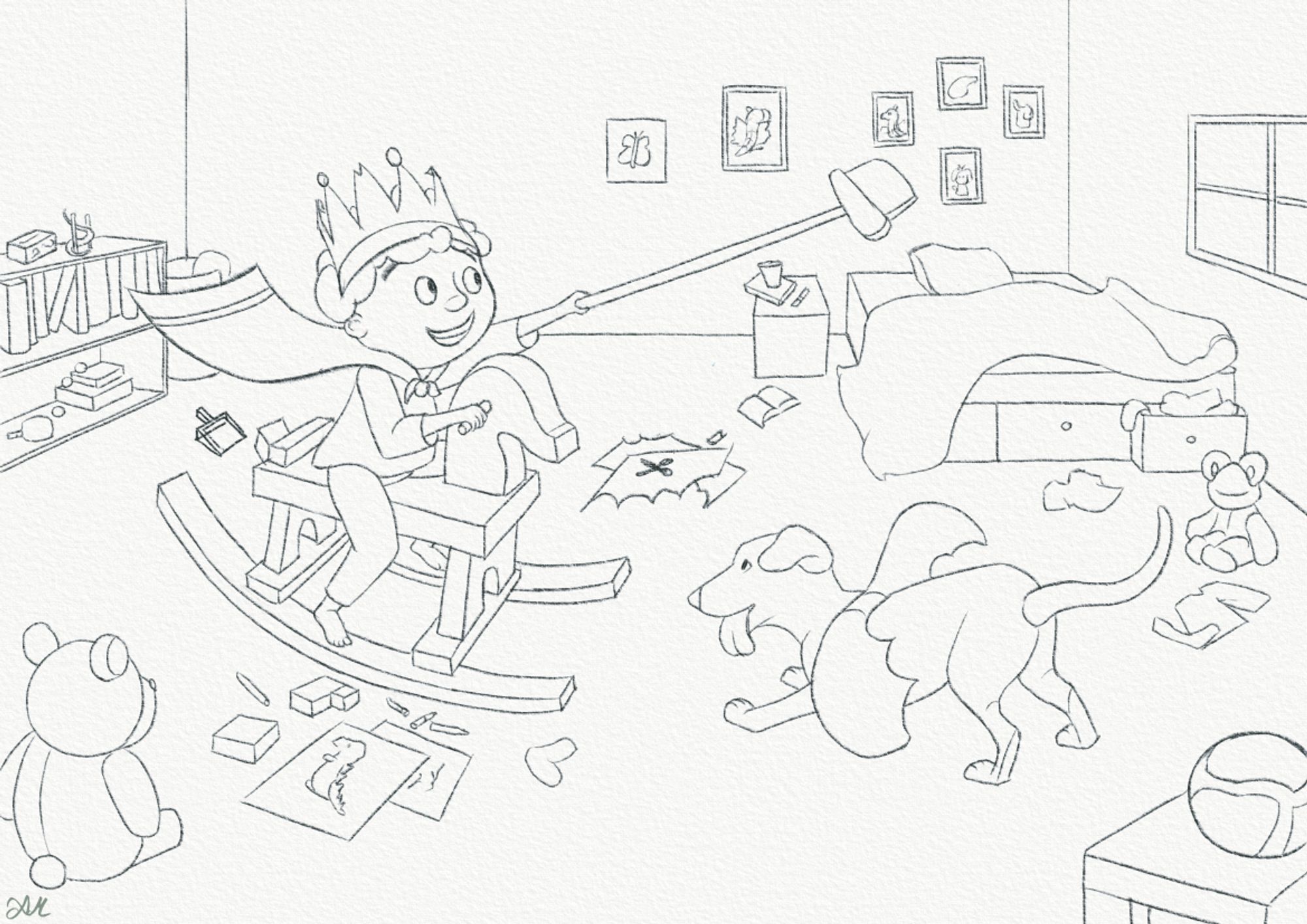 Line drawing of a little boy who is playing pretend with his dog. The boy is playing on a riding horse and the dog pretends to be a dragon with paper wings created by the boy.