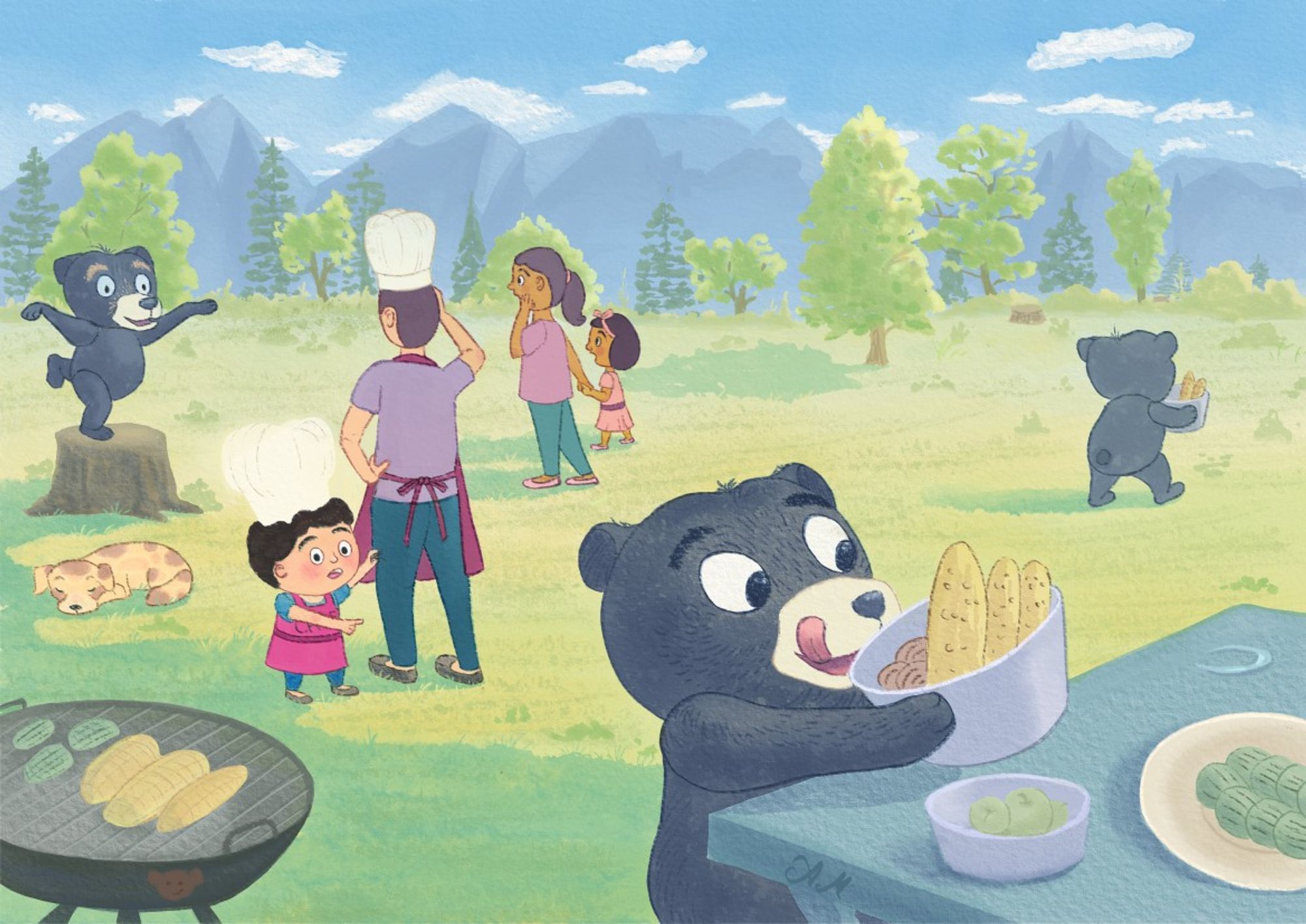 Sneaky bears are pulling of the heist of the century. Outdoor barbeque scene where some bears are distracting the humans while they sneak off with their food. A surprised kid sees them in the act while trying to get his dad's attention.