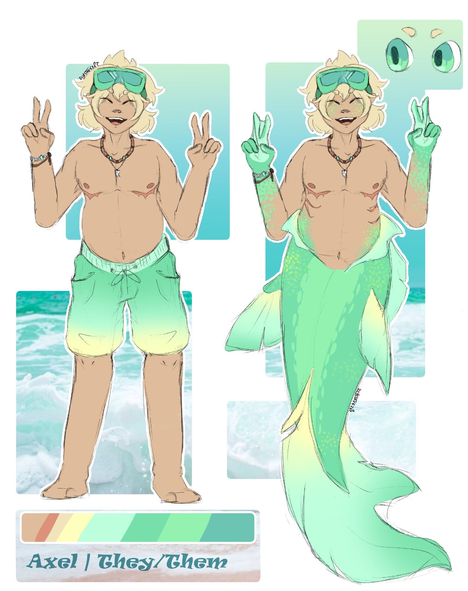 sketched character ref for my newest designed mer-person, Axel!