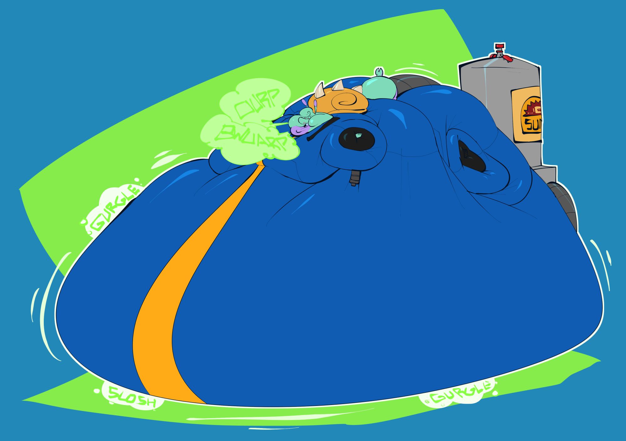 Retro being inflated with a hose going into his butt that comes from an industrial vat, which contains the fictional soda Sunset Sarsaparilla from Fallout: New Vegas. Retro is wearing a Vault-Tec jumpsuit and belching as he rests comfortably atop his enormous, churning stomach.