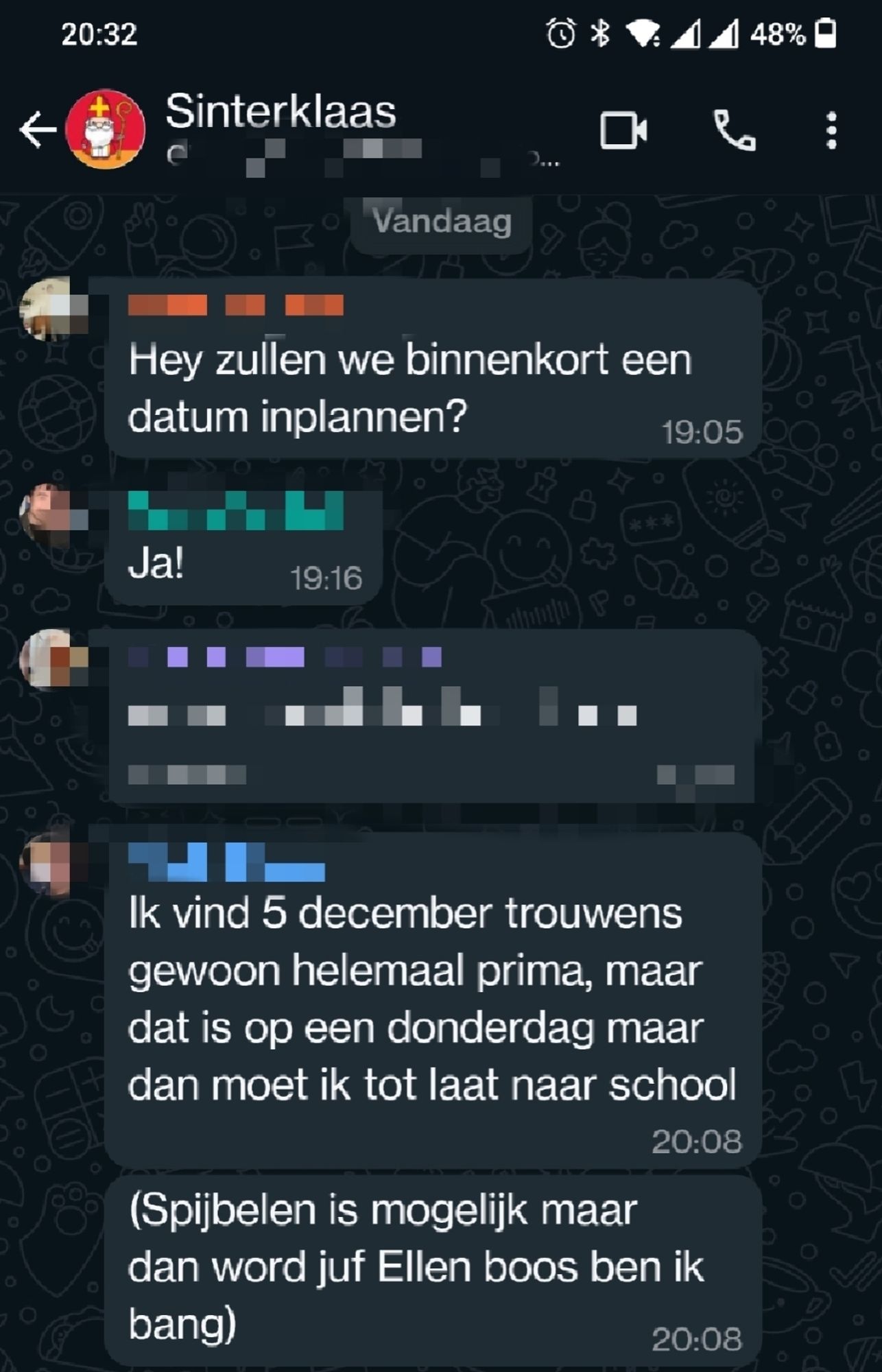 Screen van de Sinterklaas WhatsApp groep
1 - Hey, zullen we binnenkort een datum inplannen?
2 - Ja!
3 - Ik vind 5 december trouwens gewoon helemaal prima enz. enz.