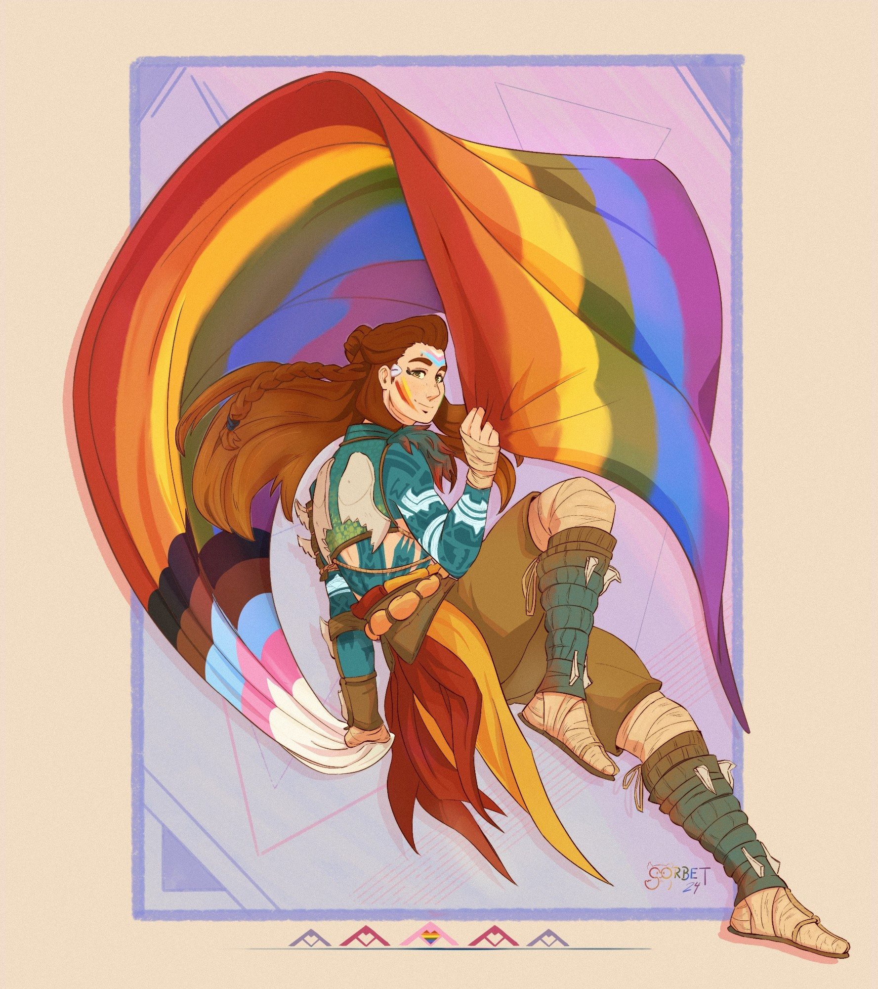 Aloy from the Horizon game series, wearing the Pride facepaint and a soft smile, is draping the Progress Pride flag over her head, invoking the image of a rainbow.