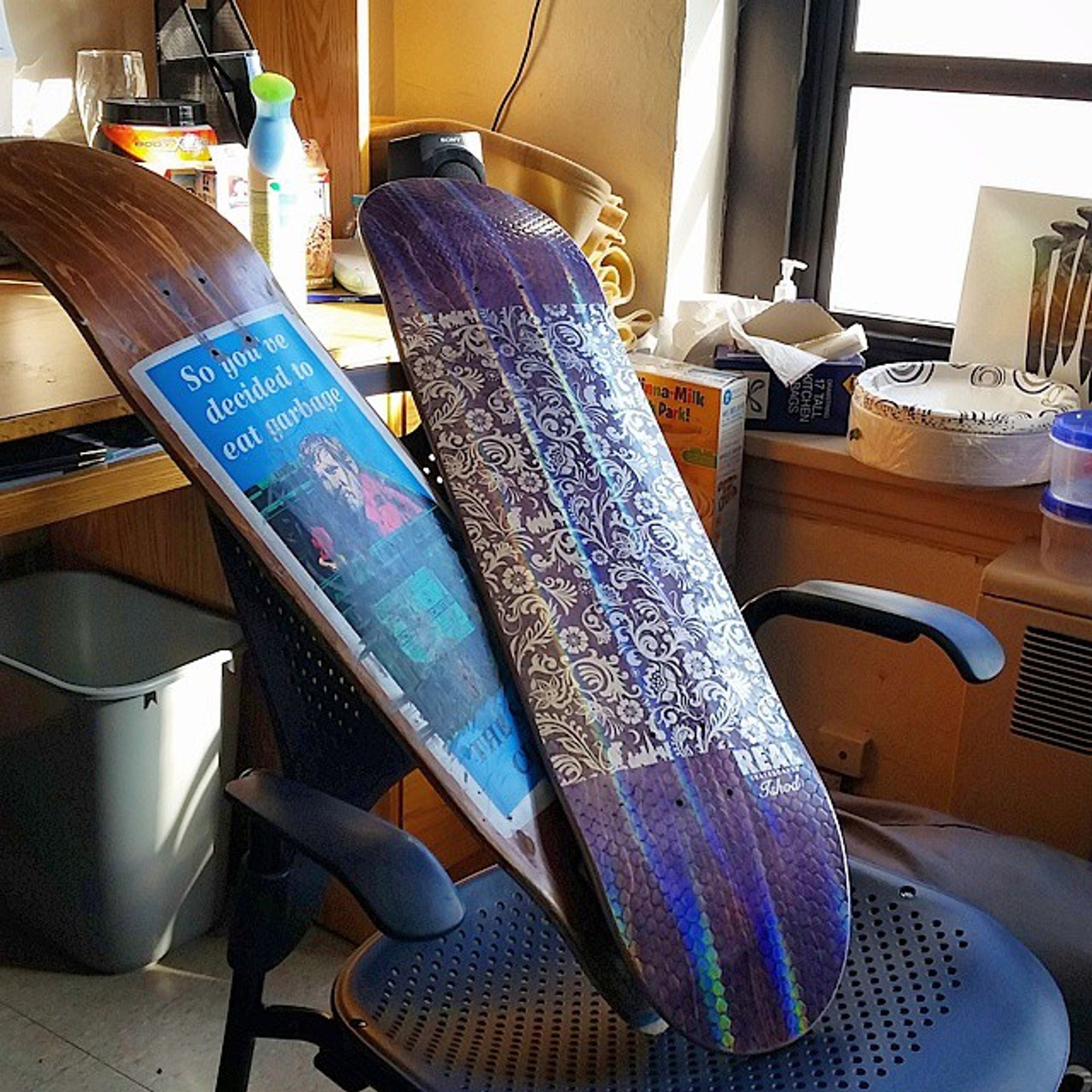 photo of two skateboard decks - one is an Anti-Hero Tony Miorana that says "so you've decided to eat garbage - the SMART choice", the other is an irridescent purple Real Ishod Wair deck