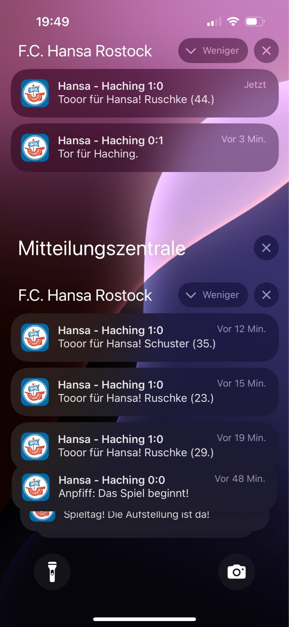 Screenshot der Notifications der Hansa-App