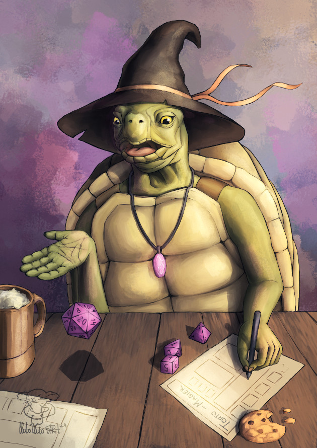 A digital painting of an anthropomorphic Turtle with a magician’s hat throwing d20 and filling a character sheet for a pnp game