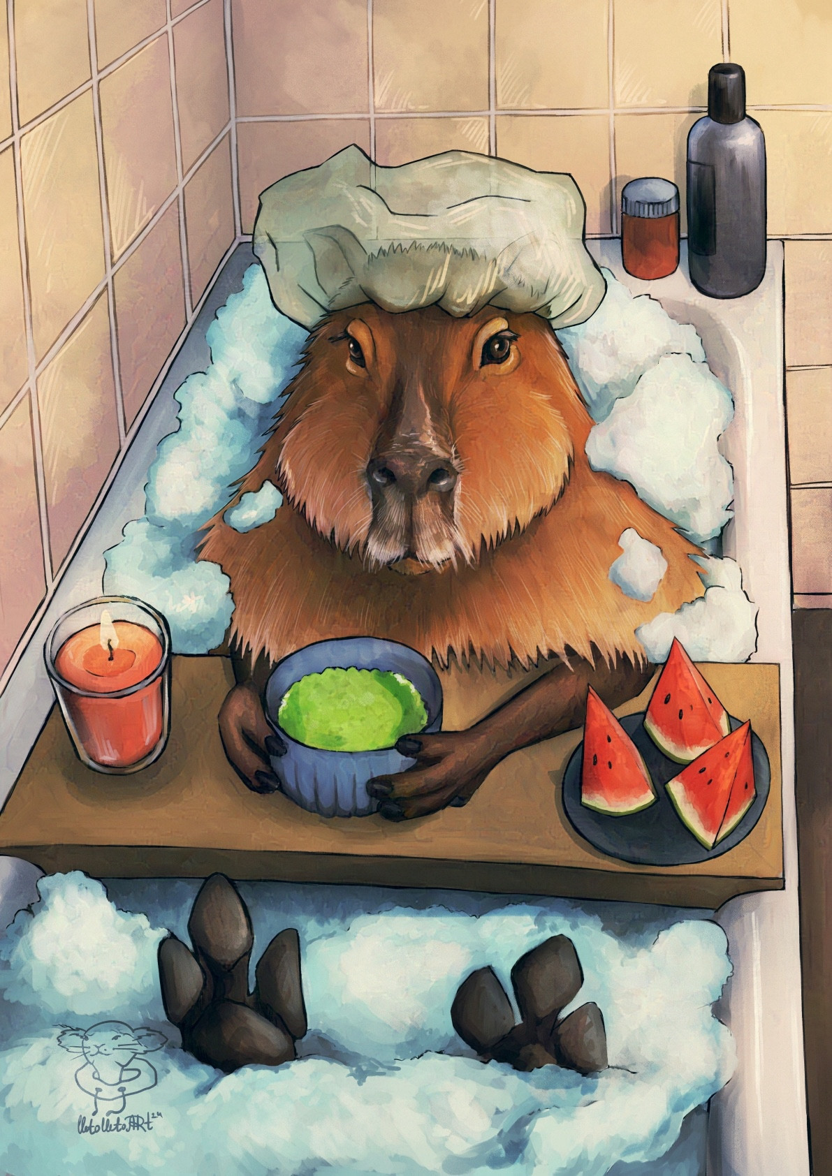 Eine digitale Illustration von einem Capybara, was einen Wellness-Tag mit Bad, Matcha, Duftkerze und Wassermelone hat