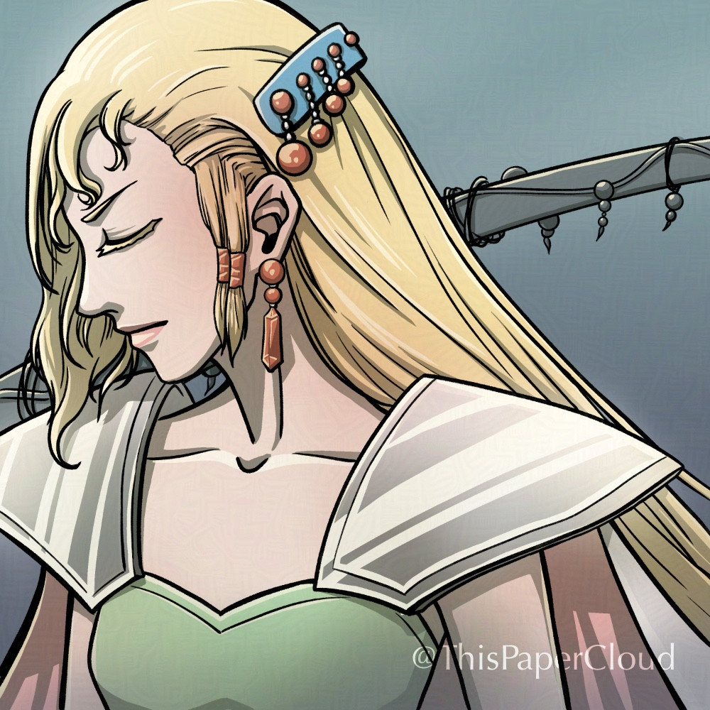 Portrait of Celes from Final Fantasy 6 looking sideways in her original in-game armor.