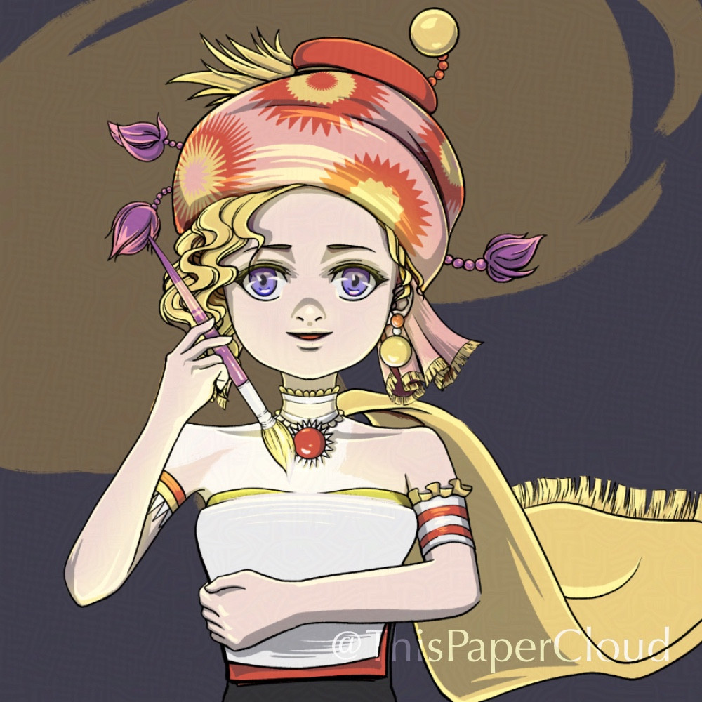 Relm from Final Fantasy 6. A blond teen girl with a pink patterned headdress holds a brush just above a sketchpad. The brush tip glows with a wave of yellow magic rising from the page.