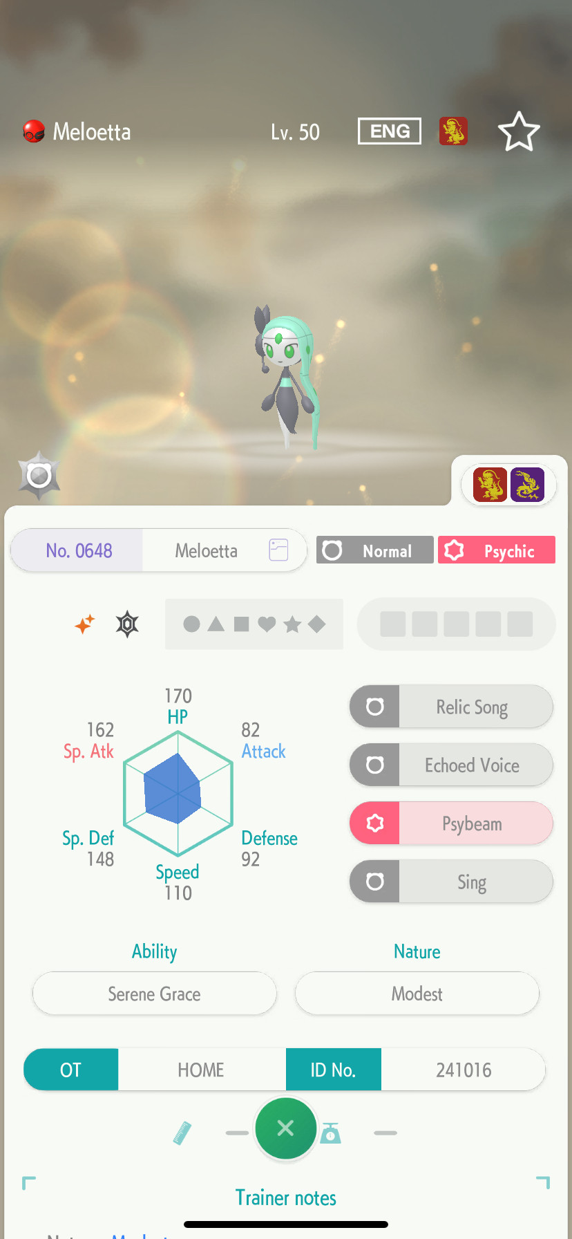 A screenshot from Pokémon HOME’s mobile version shows the Pokémon screen for my new Shiny Meloetta. Relic Song, Echoed Voice, Psybeam and Sing are its moves. It’s Lv50 with a Modest Nature. Its stats are 170 HP, 82 Attack, 92 Defense, 110 Speed, 148 Special Defense, and 162 Special Attack. Its Ability is Serene Grace, and its OT is HOME (ID No. 241016).