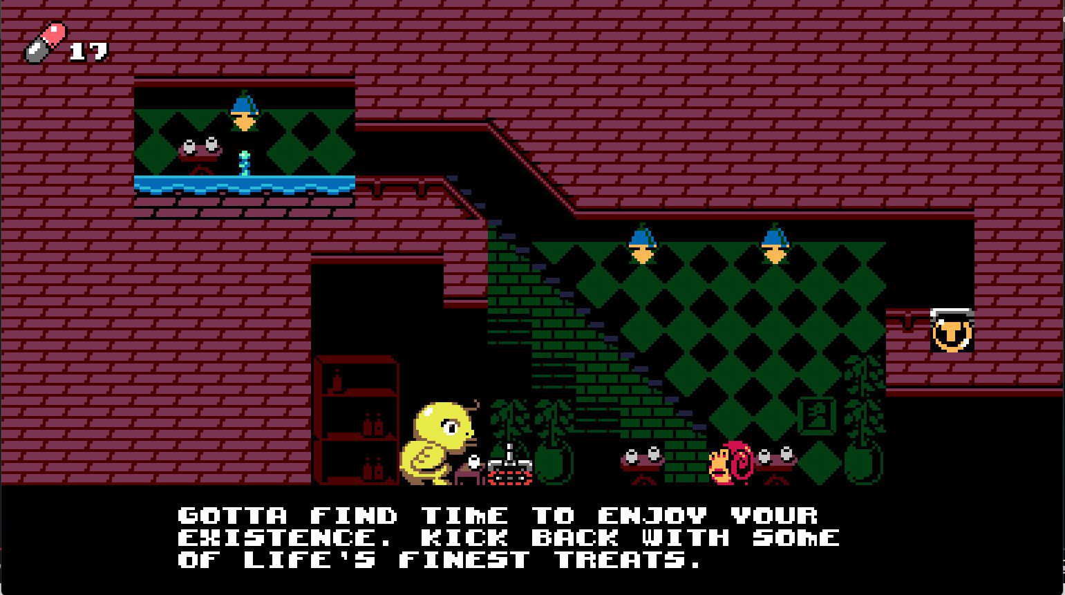 A screenshot from UFO 50's Warptank showcases a sort of...intergalactic coffee shop. There's a snail alien and a bigger yellow fish alien that the player tank is speaking to. It says, "GOTTA FIND TIME TO ENJOY YOUR EXISTENCE. KICK BACK WITH SOME OF LIFE'S FINEST TREATS." The background has a sort of green checkered motif, and the walls are made of red bricks. There's a shelf of drinks behind the yellow alien, clearly a barista or bartender of sorts.

I've beaten 17 levels and earned 17 red capsules, displayed at the top left.