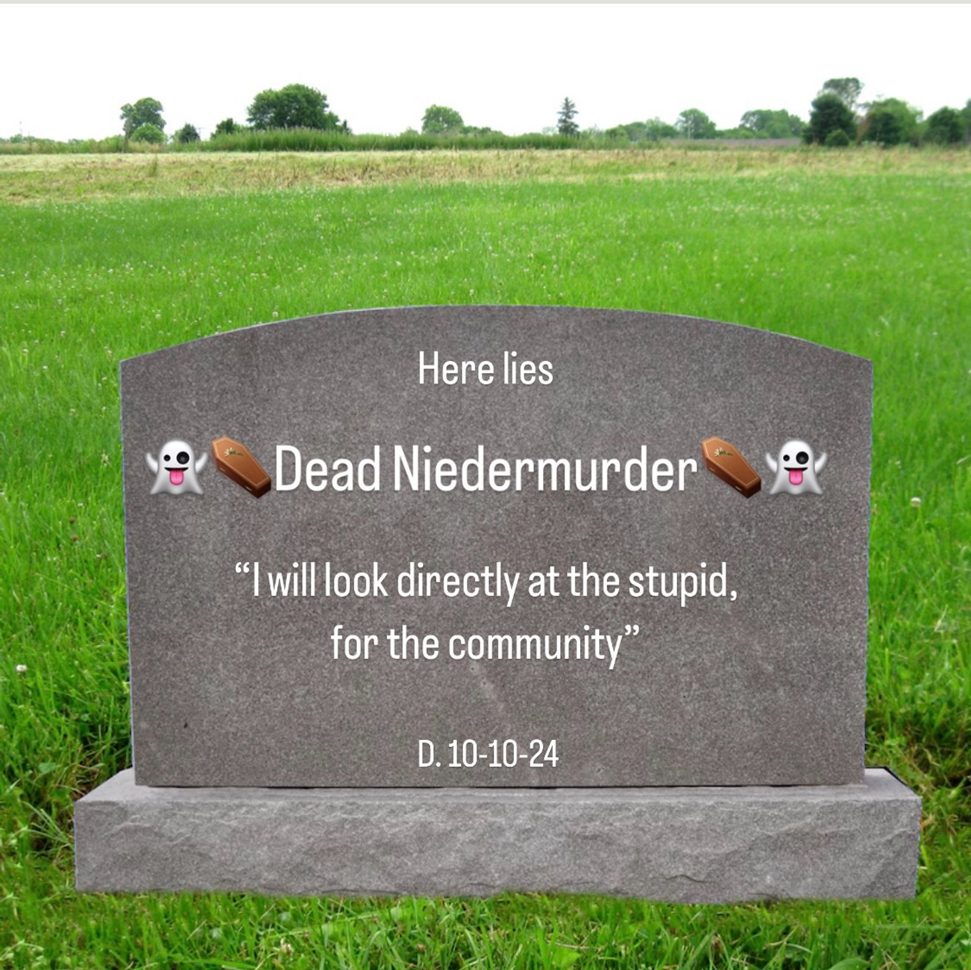 Grey headstone in a grassy green field. 

“Here lies
👻⚰️Dead Niedermurder⚰️👻
"I will look directly at the stupid, for the community"
D. 10-10-24