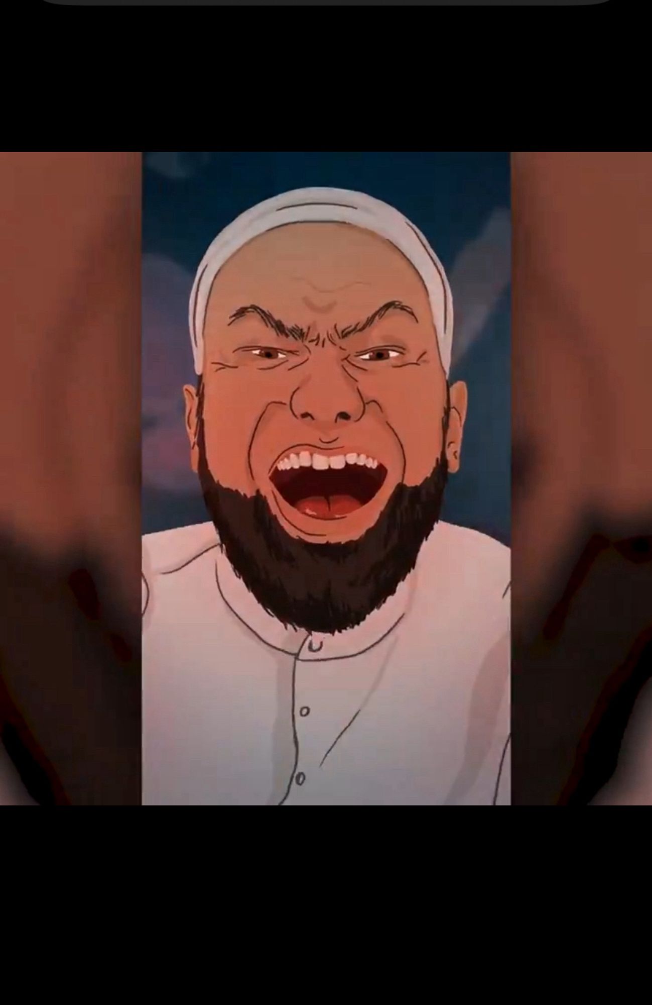 Screenshot aus einem Propagandavideo des bayerischen IM. Eine Karikatur eines stereotypen Moslems mit geöffnetem Mund der mit Hass in die Kamera lacht