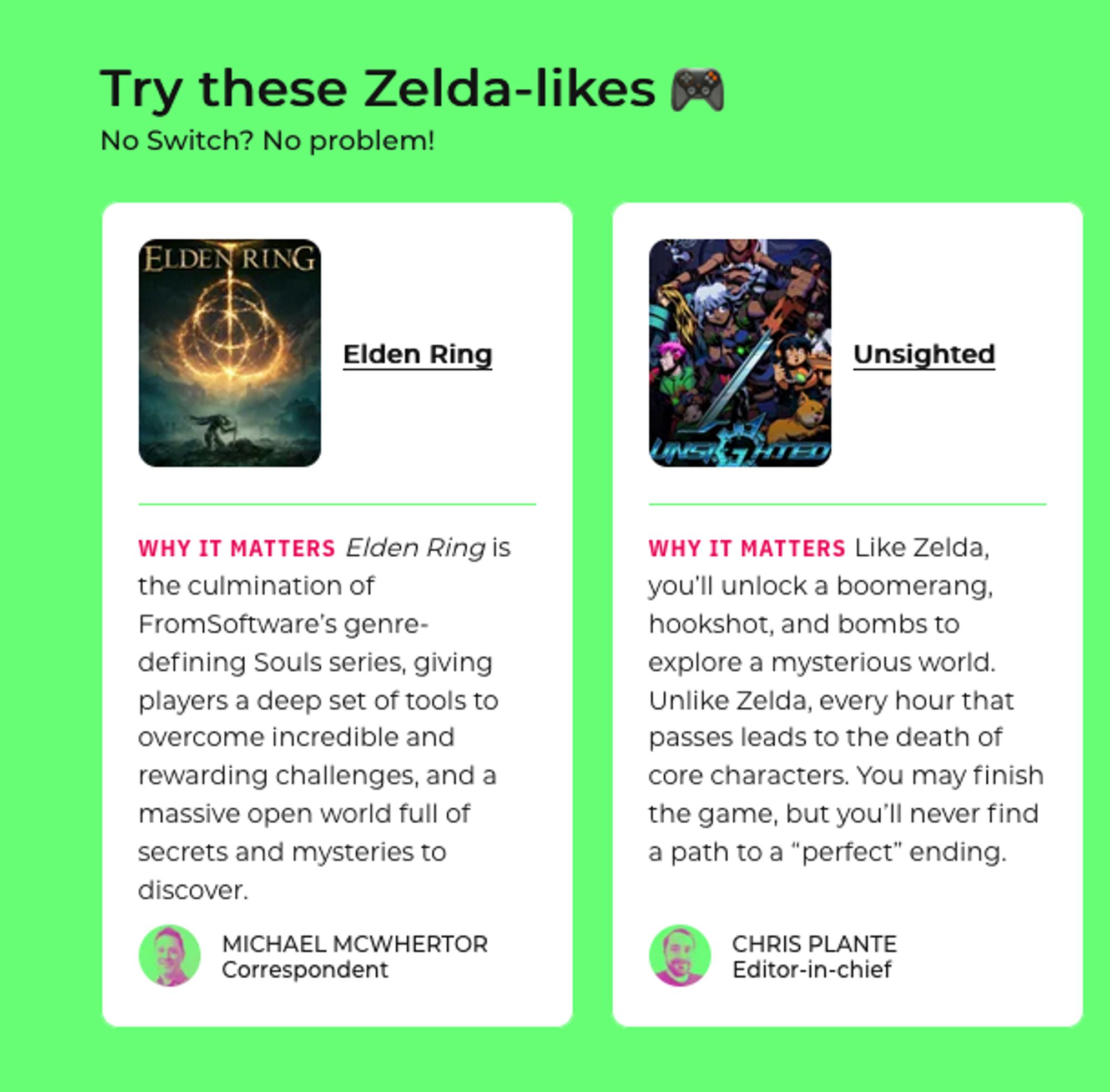 A green background promotional graphic featuring recommendations for Zelda-like games: "Elden Ring" and "Unsighted", with descriptions about their gameplay and why they matter.