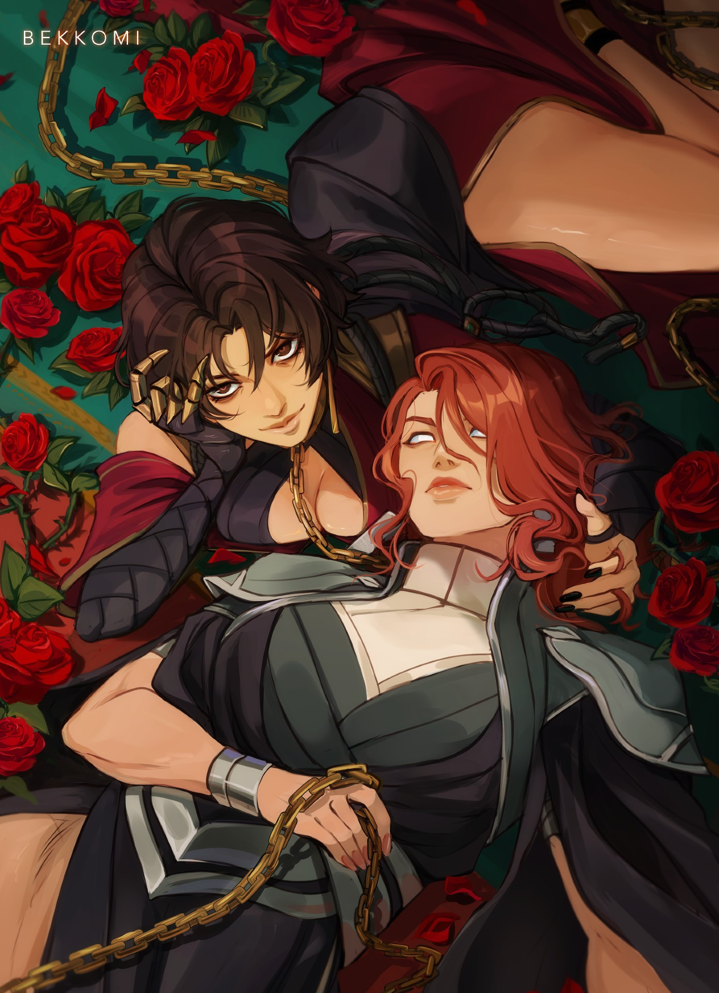 Two women, one in a red dress and chained collar laying next to a red headed woman possessively who's also holding the chain. They are surrounded by roses and have an odd dynamic between the two. 