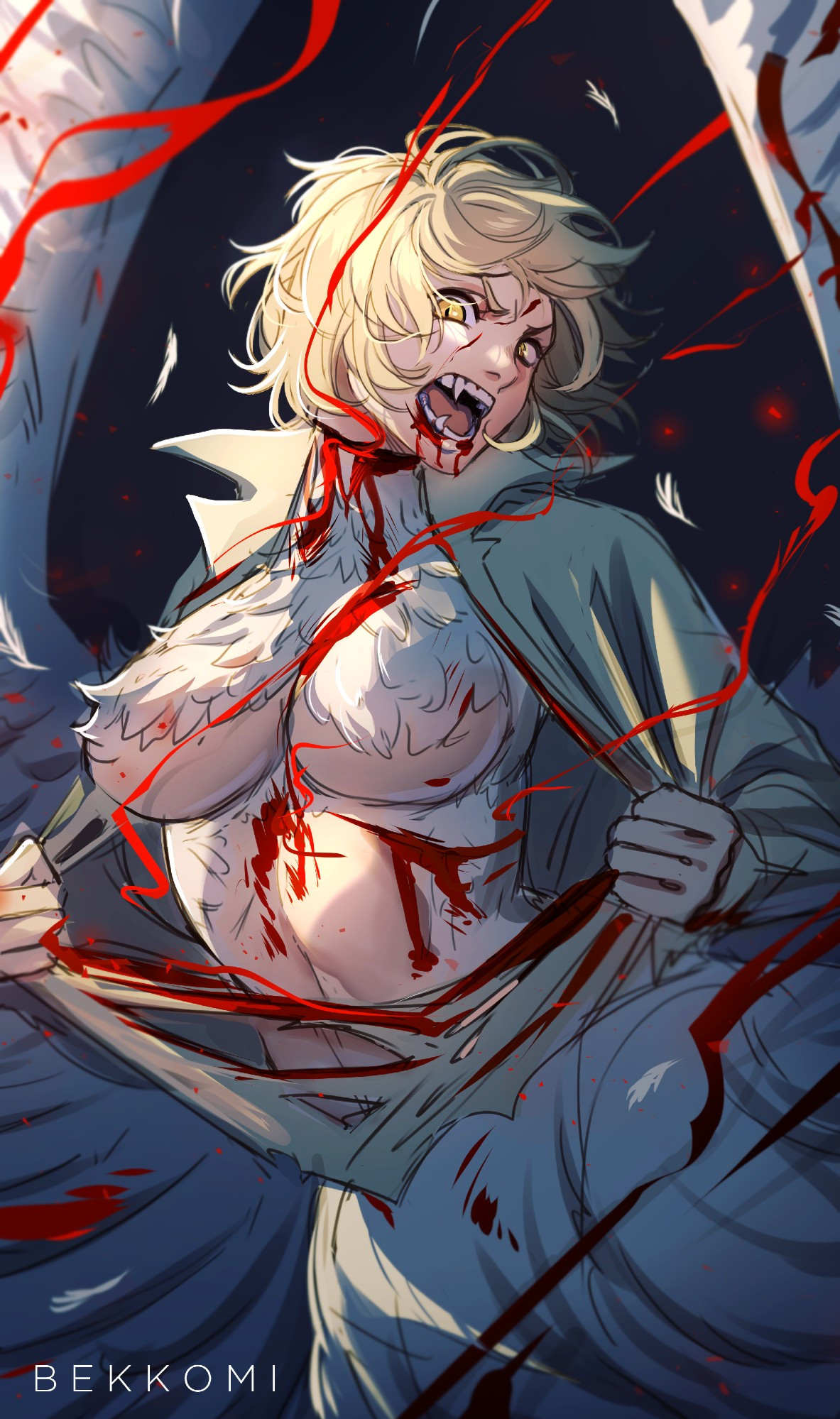 Falin in her half dragon chimera form ripping off her shirt with blood flying everywhere