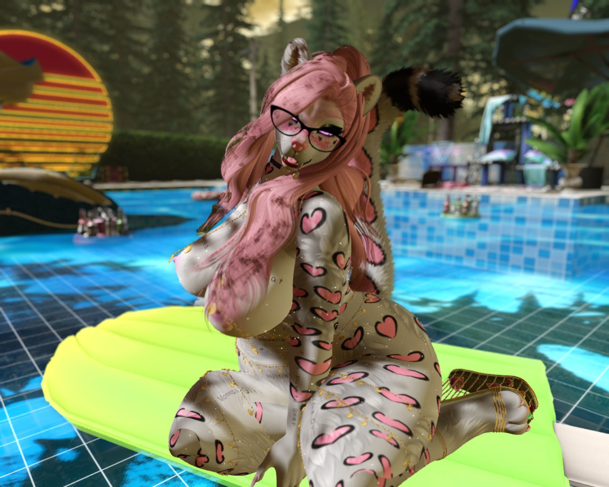 Snep sitting on a pool floatie wearing glasses and a bodychain