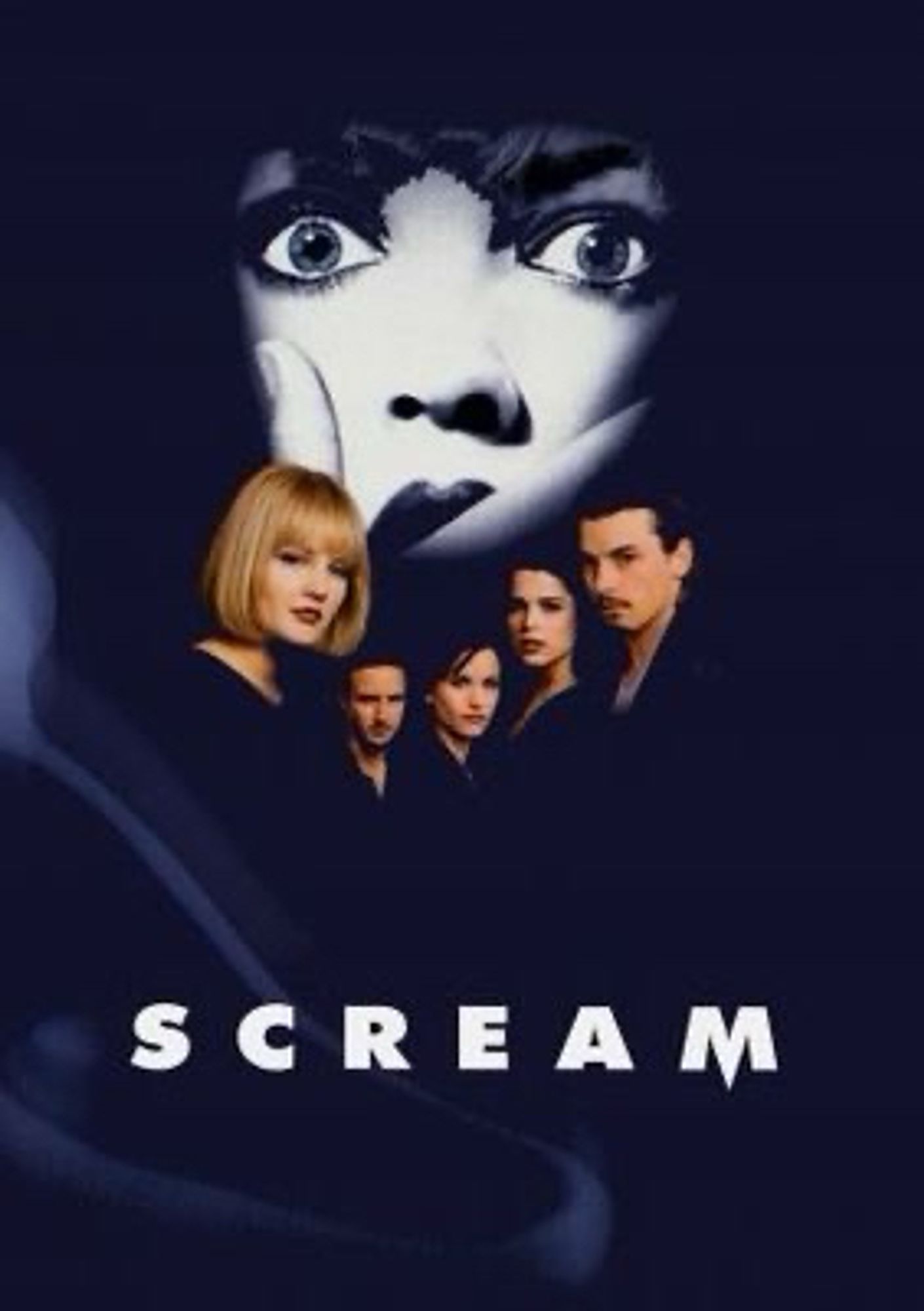 Movie poster for Scream (1996) with the classic ‘floating heads’ of the main cast that was all the rage in the 90s