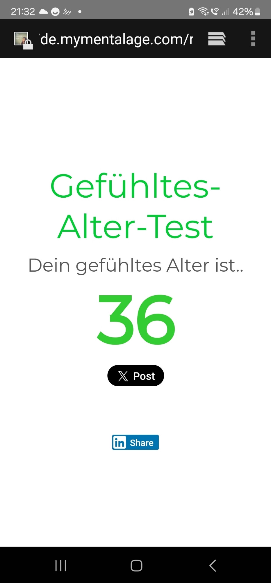 Gefühltes-Alters-Test
Dein gefühltes Alter ist 36