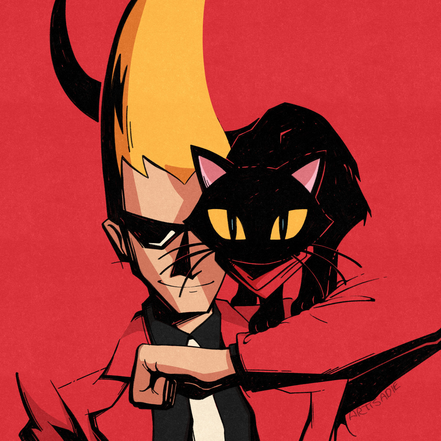 Digital art of the man in red and the black cat from Ghost Trick. The man's red suit blends into the red background. The black cat is perched on his shoulder and arm, covering part of his face with its own, as they both stare toward the viewer