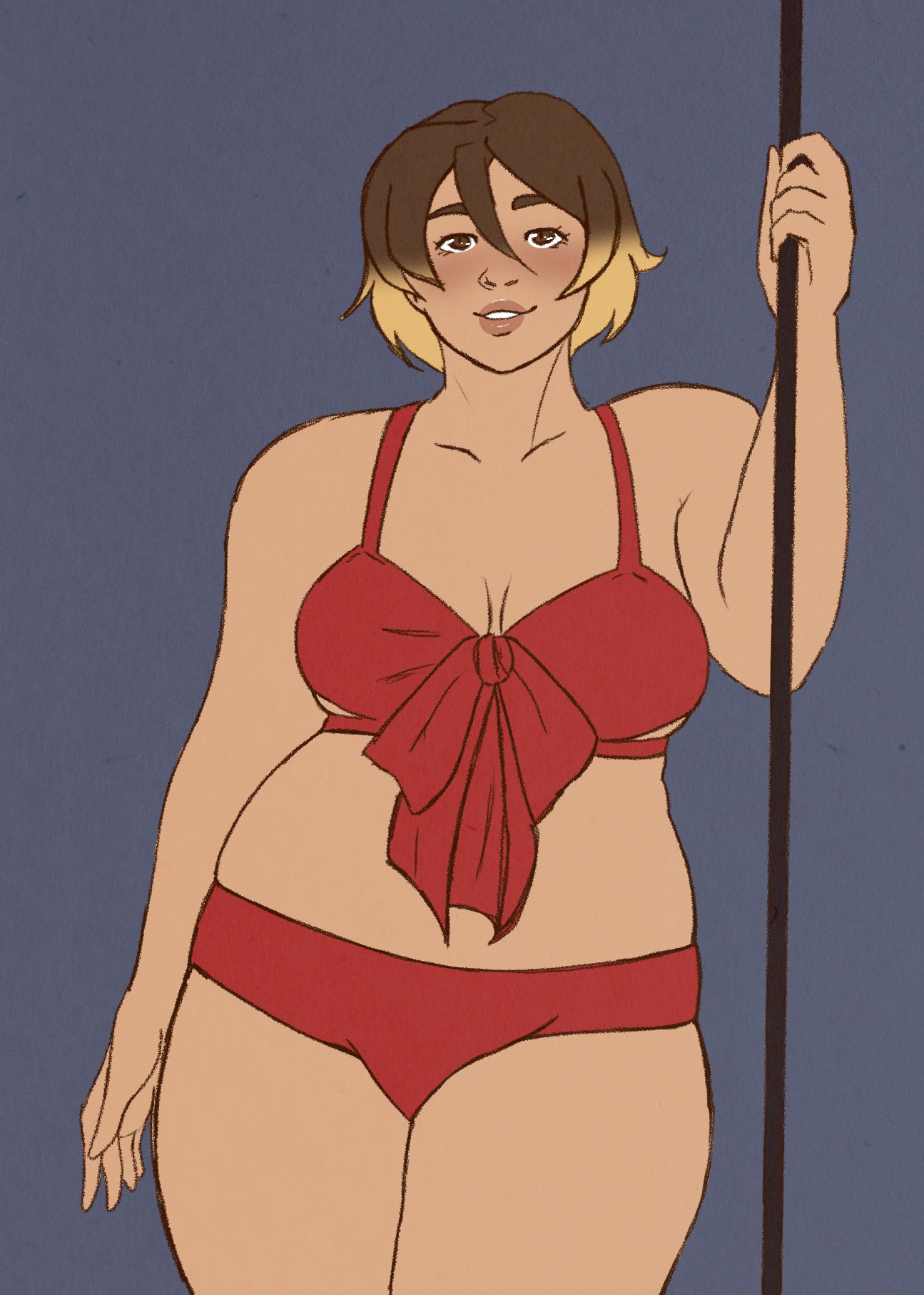 a drawing of a woman with tan skin and short brown and blonde ombré hair wearing a red lingerie set with a big bow on the bust