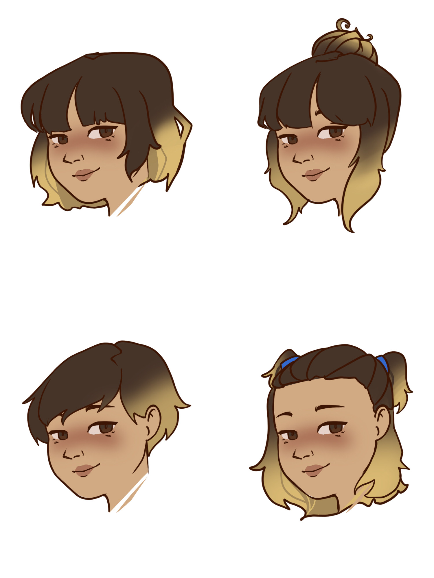 4 nearly identical images of woman with tan skin and brown-to-blonde ombré hair in various styles: a short bob with bangs, pulled up into a bun, a pixie cut, and short hair half-pulled up into 2 pigtails