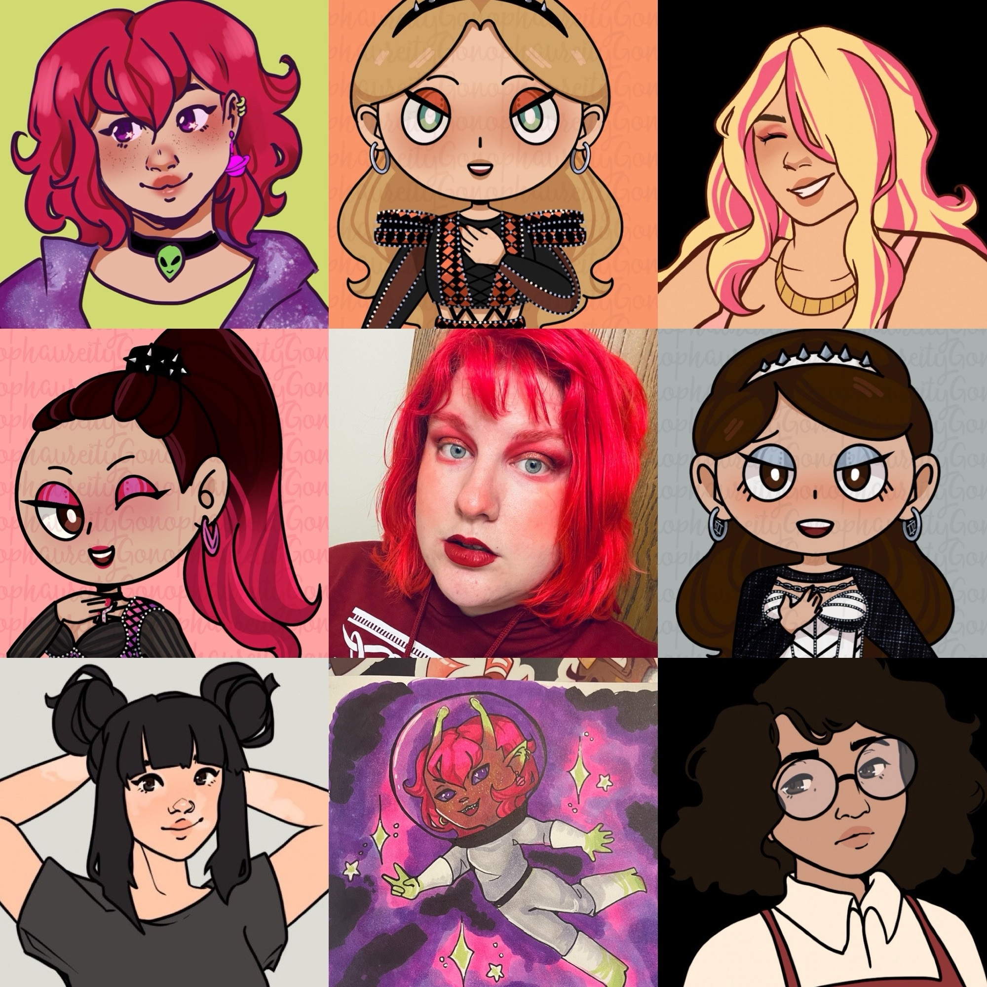 a grid of nine images, 8 of while are drawings
top row: a pink haired girl in an alien-themed outfit, a blonde girl in the orange alternate costume from six the musical, and a blonde girl who has pink streaks in her hair. 
middle row: a brunette katherine howard from six the musical, a photo of a red haired person with red makeup, and a brunette jane seymour from six the musical. 
bottom row: a girl with black hair in two large space buns, an alien floating in space, and a girl with dark brown hair and glasses. 