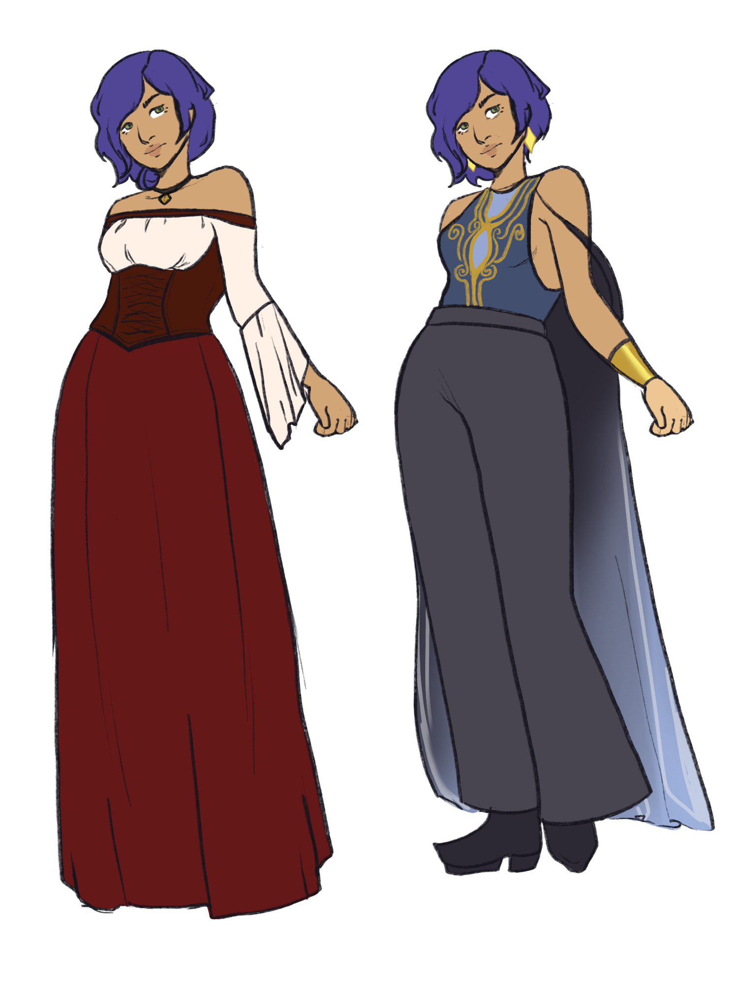 two images of the same woman with tan skin and short blue hair. in one image she is wearing a long, red and white dress and in the other she is wearing black pants, a blue top with gold detailing, and a translucent cape