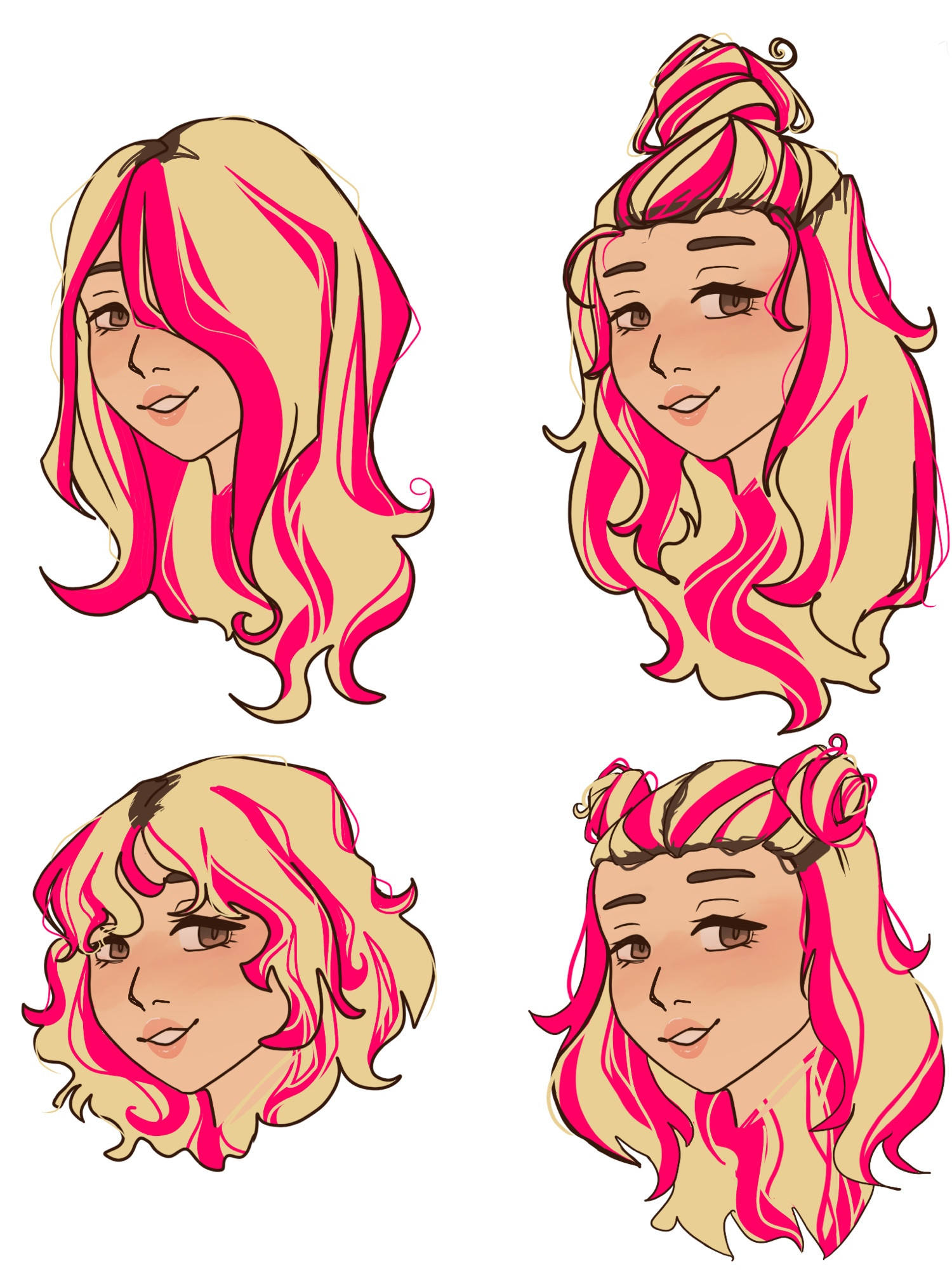 4 nearly identical drawings of a white woman with blonde hair, dark brown roots, and pink streaks in multiple hairstyles: long hair with bangs covering one eye, long hair half up in a bun, a short shaggy cut with bangs, and hair half pulled up in space buns