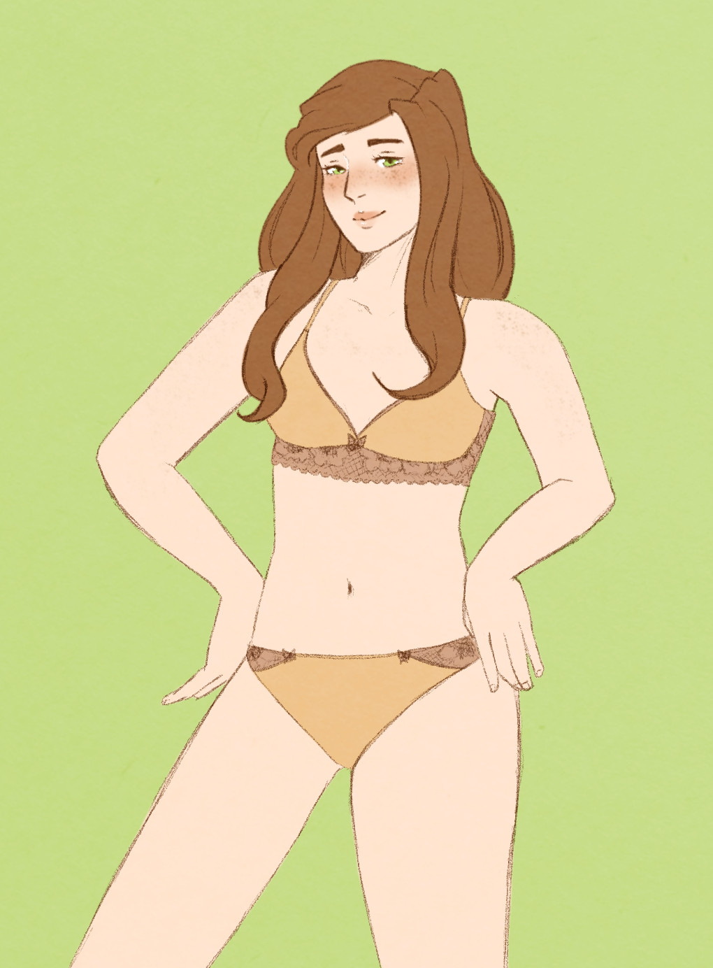 a drawing of thin white woman with light brown hair wearing a basic beige lingerie set with lace accents