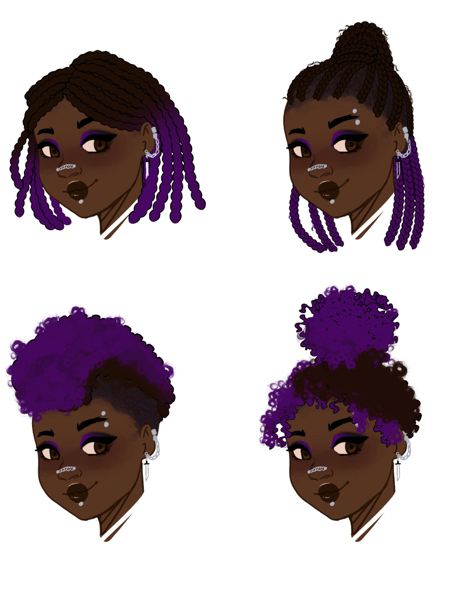 4 mostly identical drawings of a black woman with multiple facial piercings and curly brown and purple hair in multiple styles: short locs, a braided high ponytail, an undercut with a tall, curly top, and curly hair pulled into a poof on top 