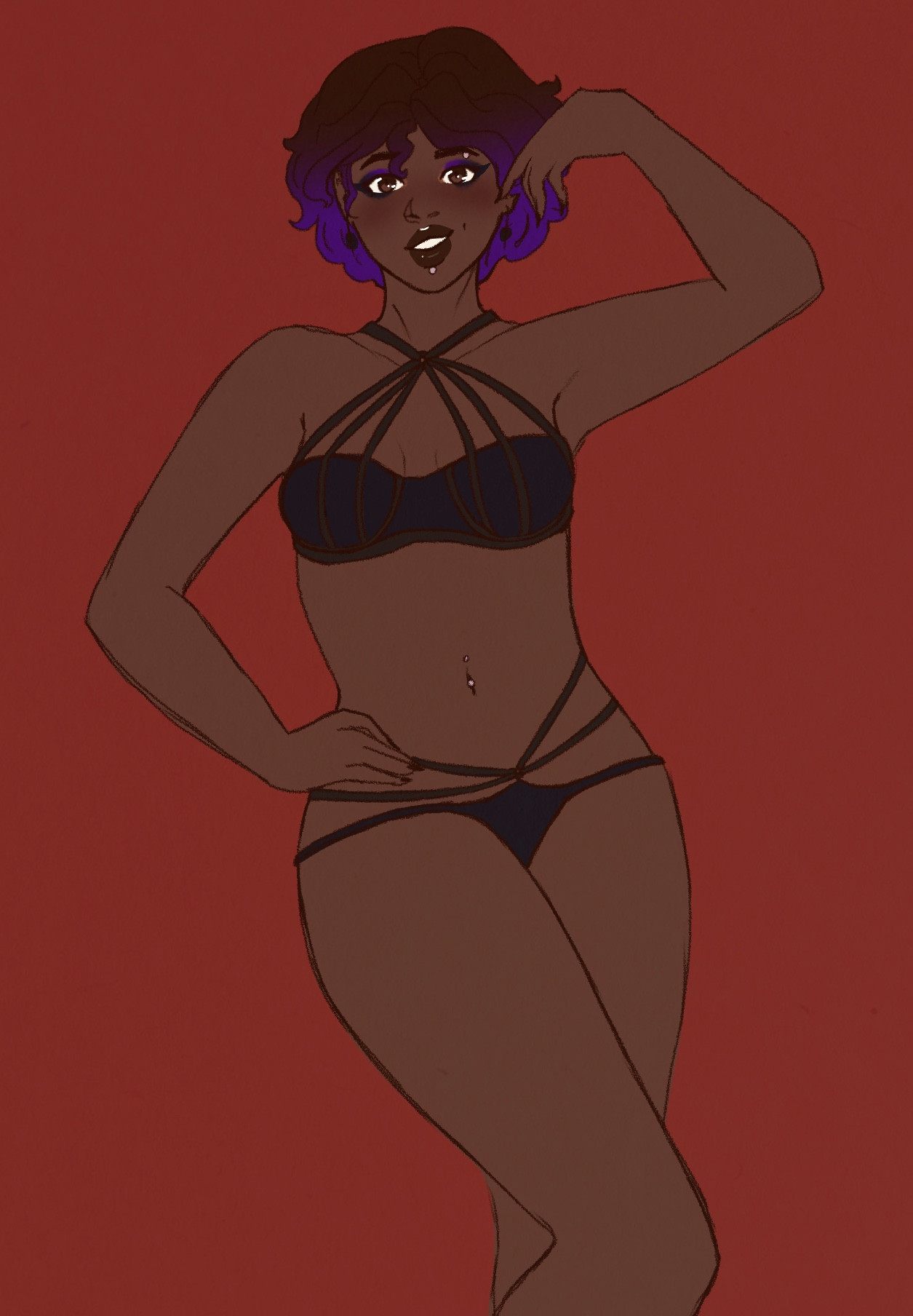 a drawing of a black woman with short brown and purple hair wearing a strappy lingerie set