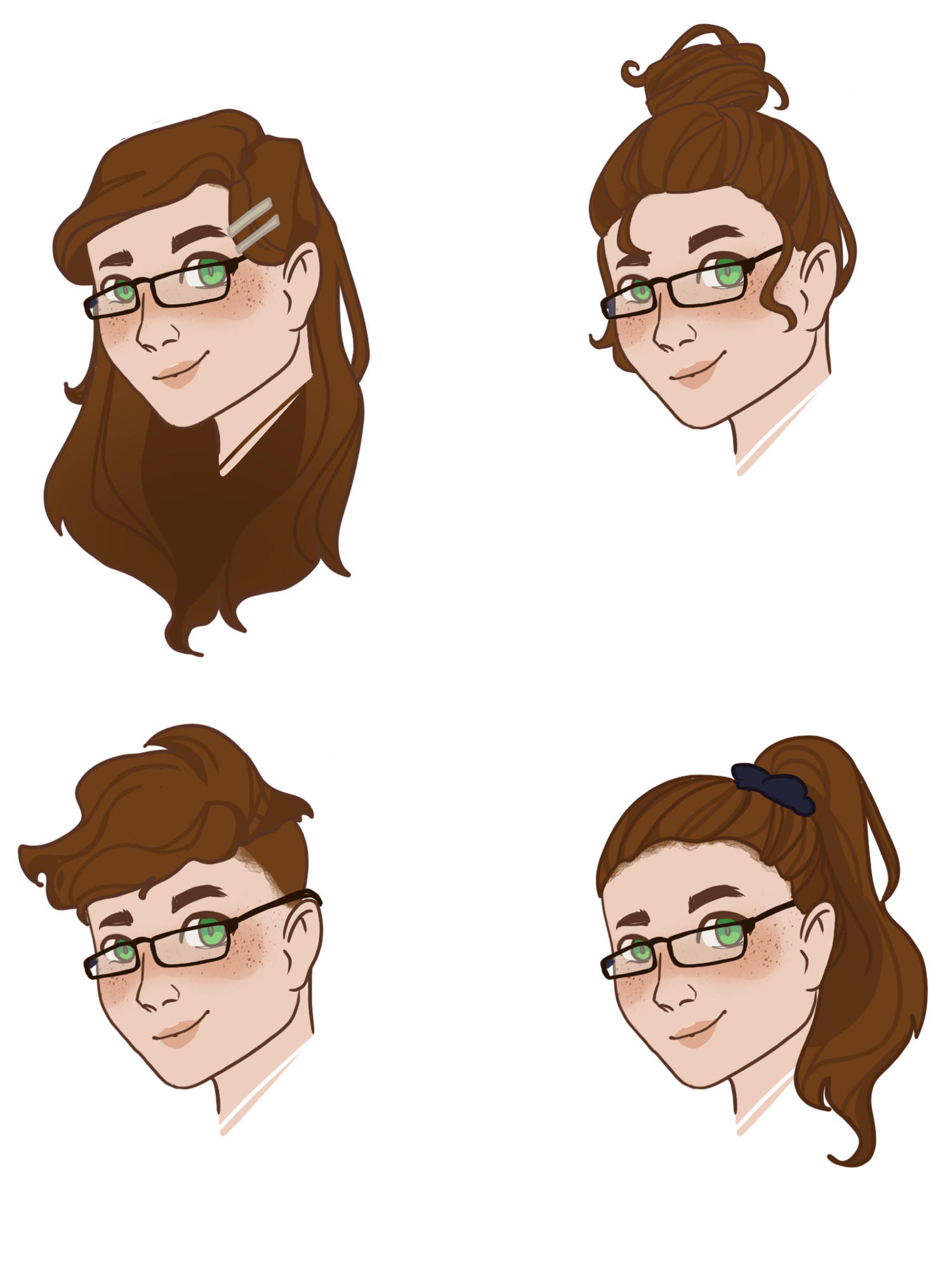 4 nearly identical images of a pale, freckled woman with light brown hair in various styles: long hair with the side pulled back with 2 silver clips, pulled into a top bun, an undercut, and a ponytail