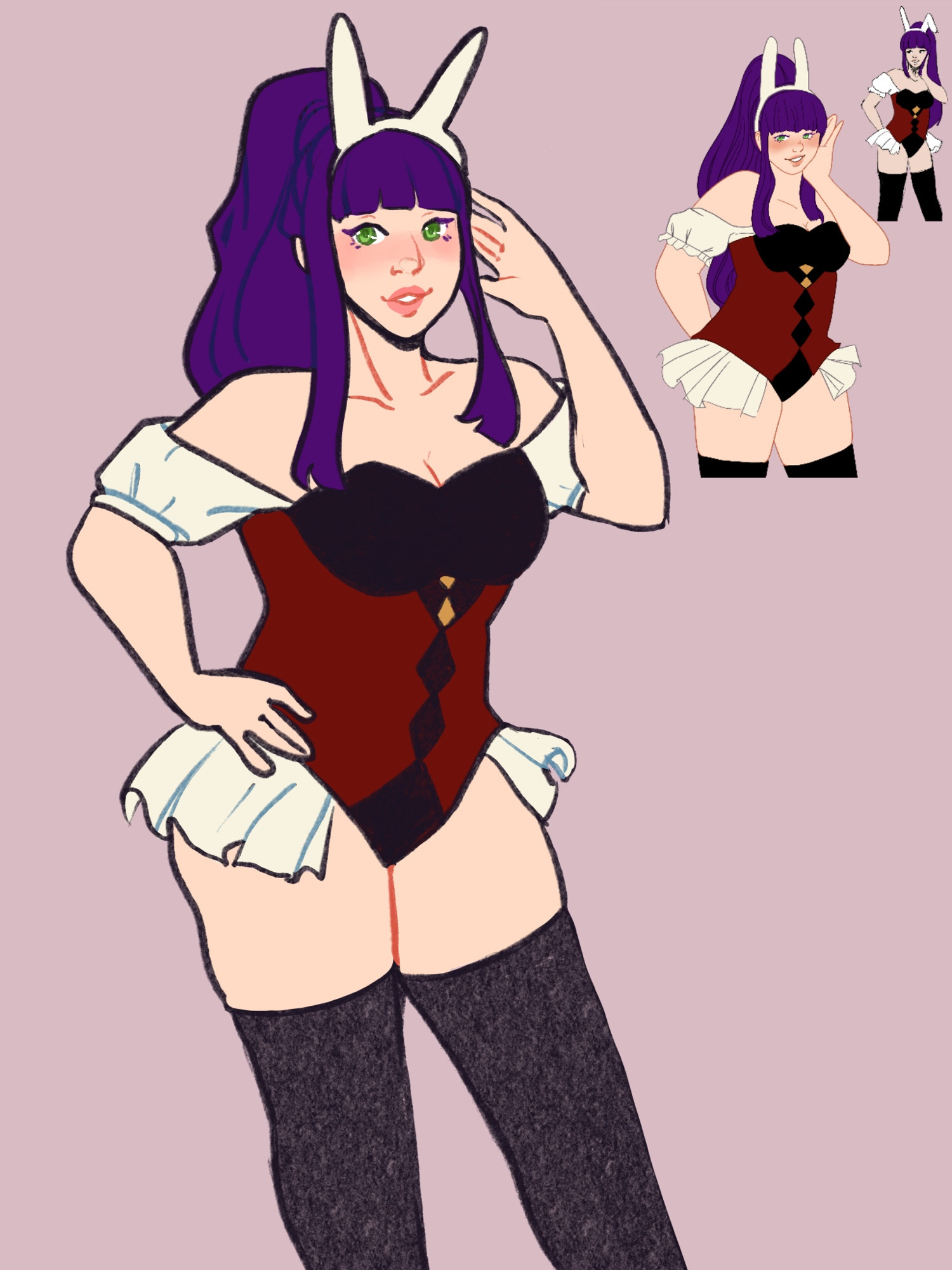 a white woman with long purple hair in a high ponytail wearing a red and black bunny girl outfit