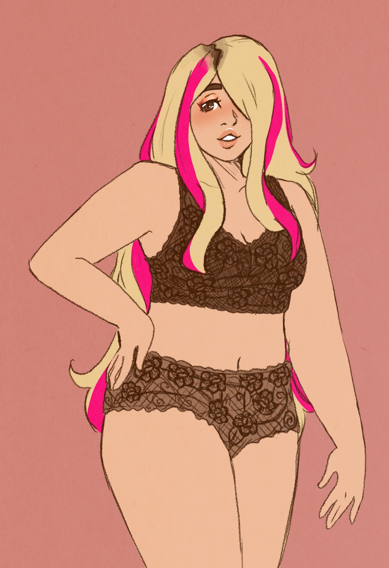 a drawing of a white woman with blonde hair and pink streaks wearing a lacy black lingerie set