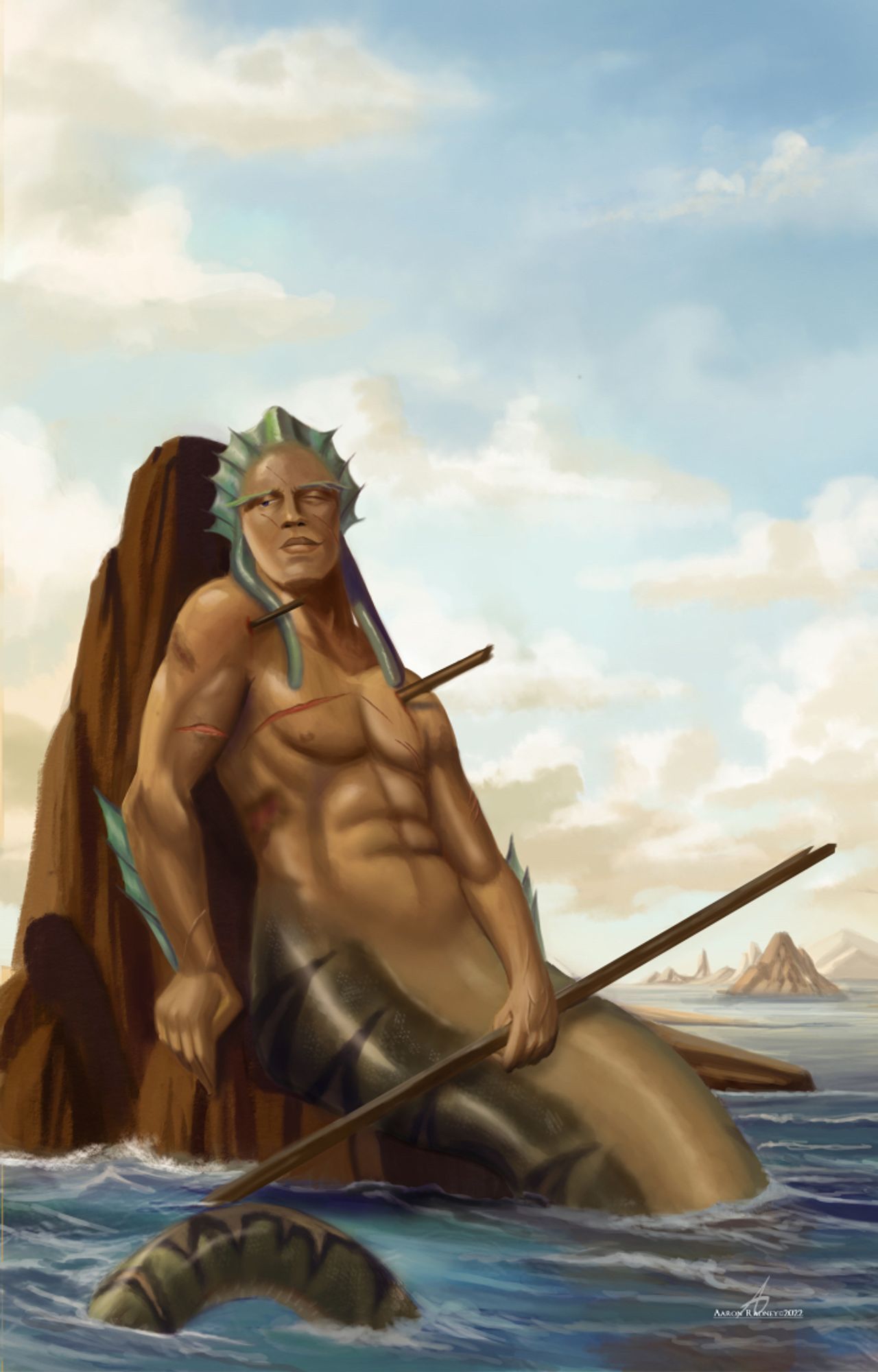 A merman with medium brown skin rests on a rock in the ocean as if it were a bench or a chair. Shafts of spears are embedded in his shoulders and his body has slashes and bruises from battle. He’s well muscled and his own spear appears broken in places. His long snake like tail rests in the water and he grins slightly looking at the camera as if thinking, “you should see the other guy.”