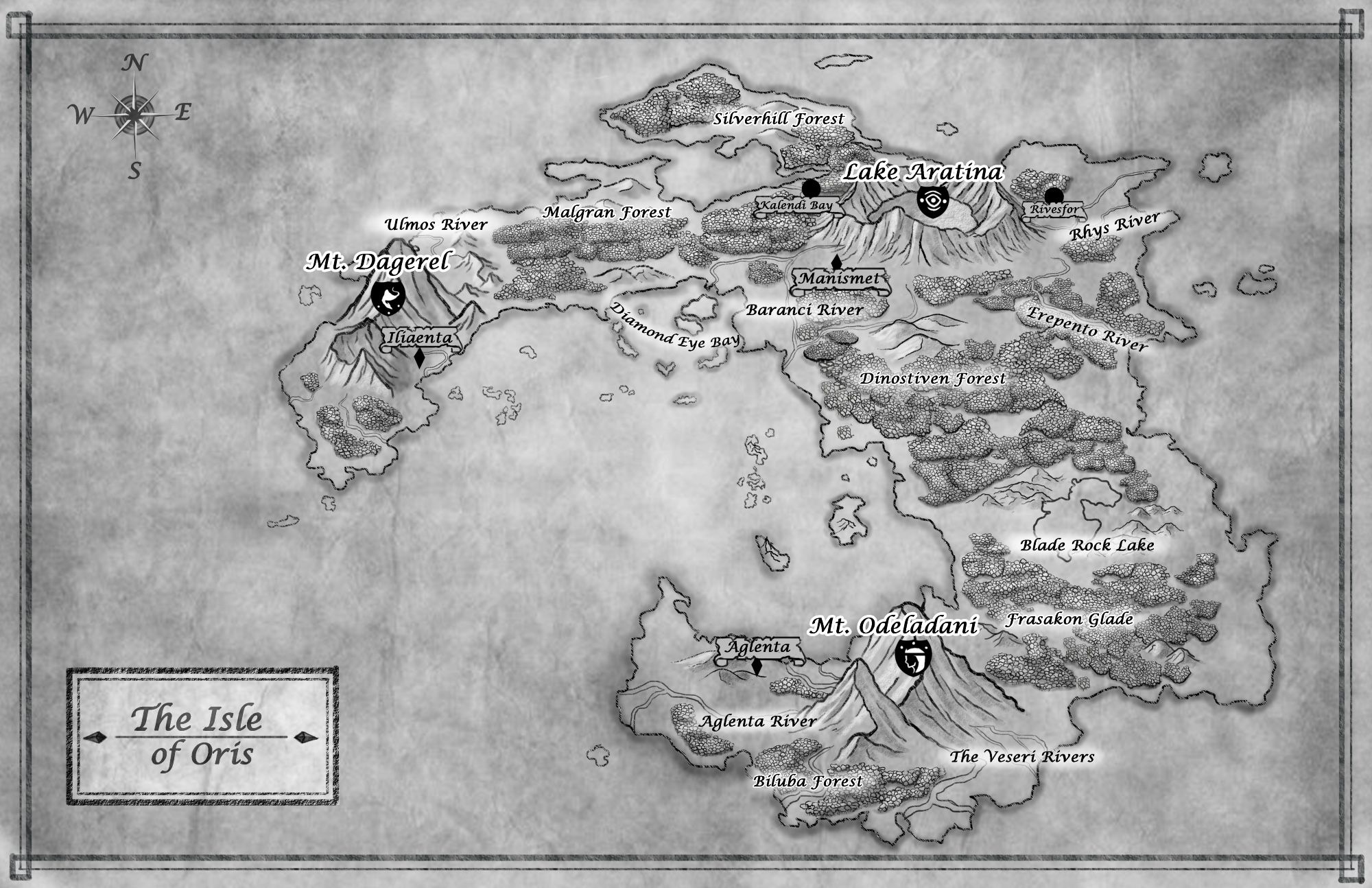 A map of an island called Oris. It's done in black and white with an old timey feel to it, a lot of forests and 3 major mountains that dominate the landscape. The island is shaped vaguely like a crescent and two of the mountains are at the crescent ends with a burned out caldera volcano in the northern center portion that's become a crater lake.