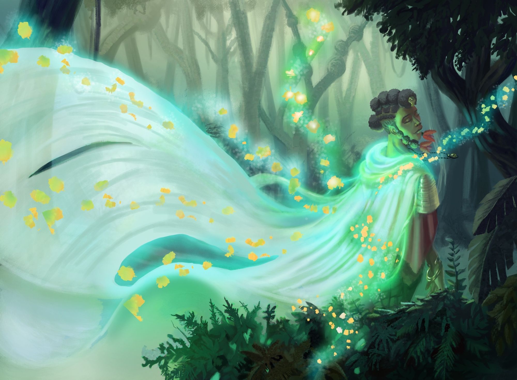 An image of a Black woman in a rainforest environment. She's a mage and the painting is done primarily in a green pallet. She's channeling nature magic into a protective cloak that trails away from her shoulders and arcs gracefully across the page. She looks over her shoulder at it serenely and is seen from a slightly raised angle.