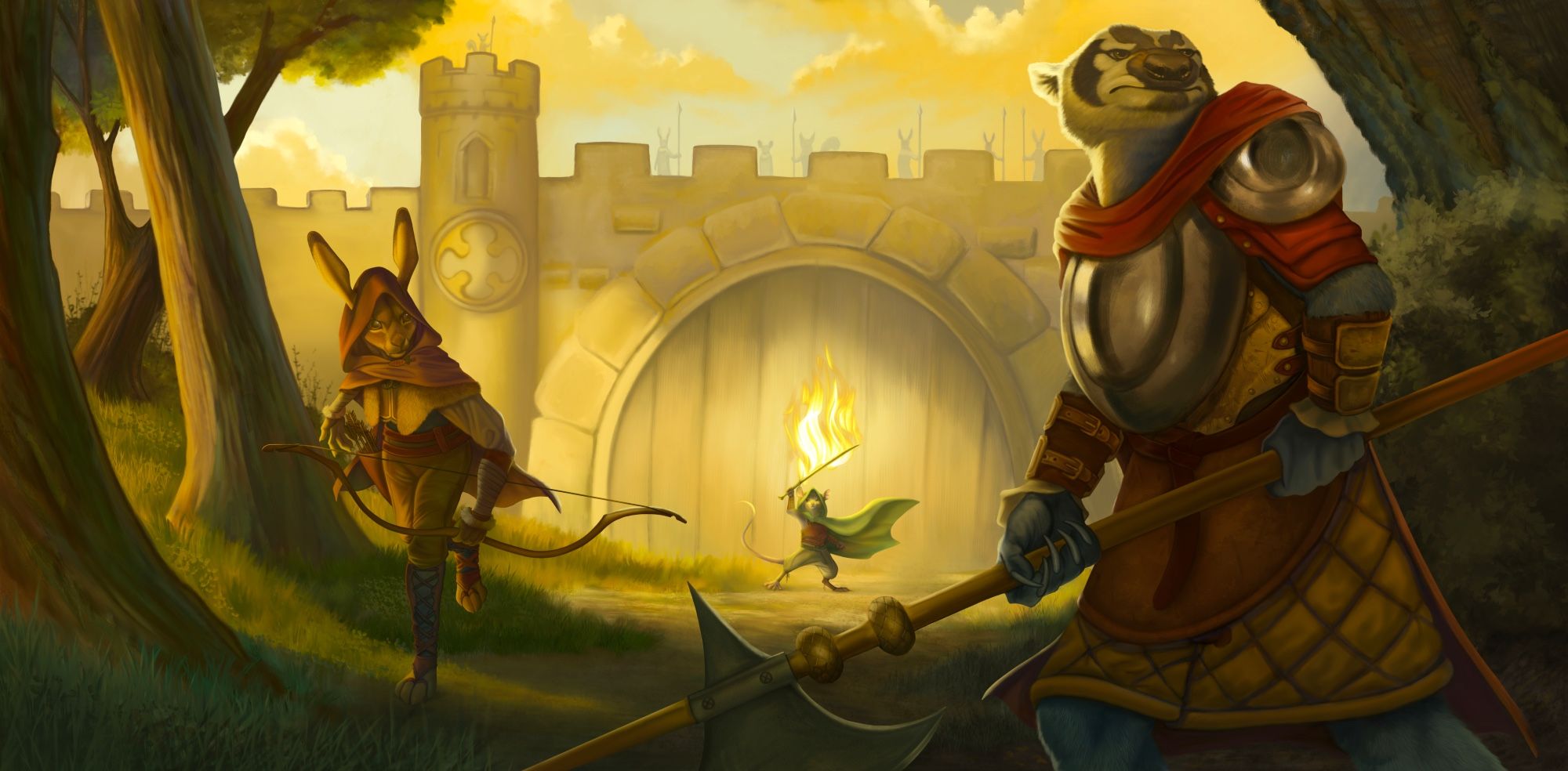 A bulky badger warrior, a cunning rabbit ranger and a magic wielding mouse stand in a forest before the gates of a castle or citadel. They look outward toward an oncoming threat as though they're prepared for battle. They're dressed in gear as if ready for battle and the whole image is done in a golden light.