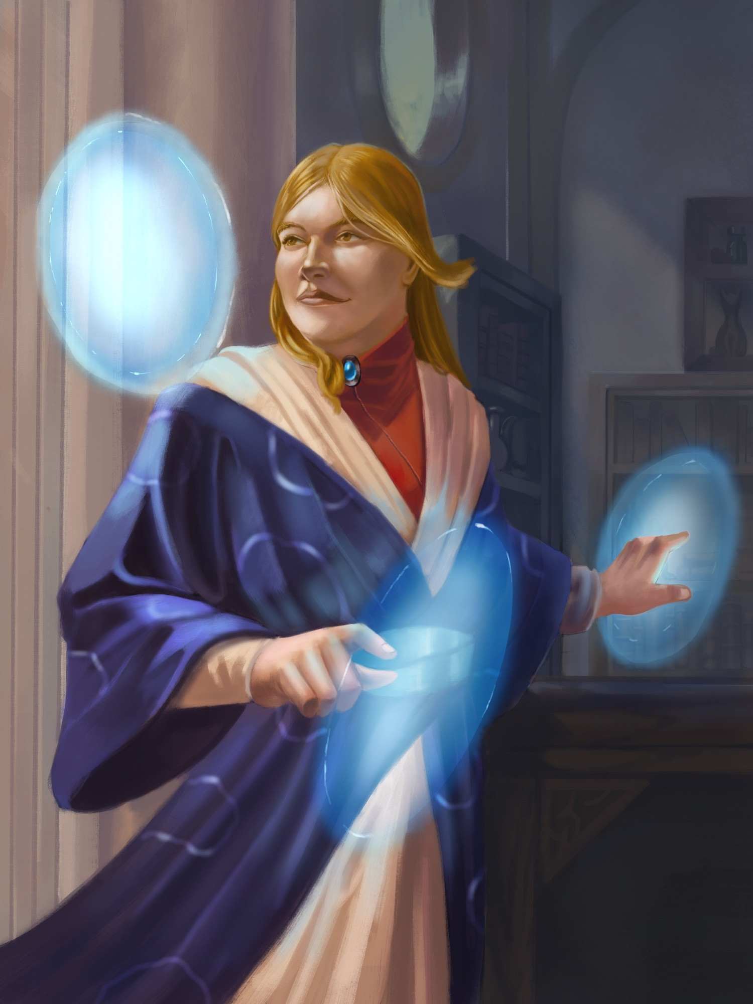 A digital painting of a pale redheaded woman in robes with a blue outer shall, a white inner robe and a red high necked body suit stands in a study with three glowing panels of energy before her. She looks to her left over her shoulder at one of them, her finger is pointed at another in front of her and her other hand taps easily at a third. The background is dark to seperate her out from the rest of the image and make her clear. Her hair moves slightly as though she's just turned her head or there's an unseen wind blowing it. 