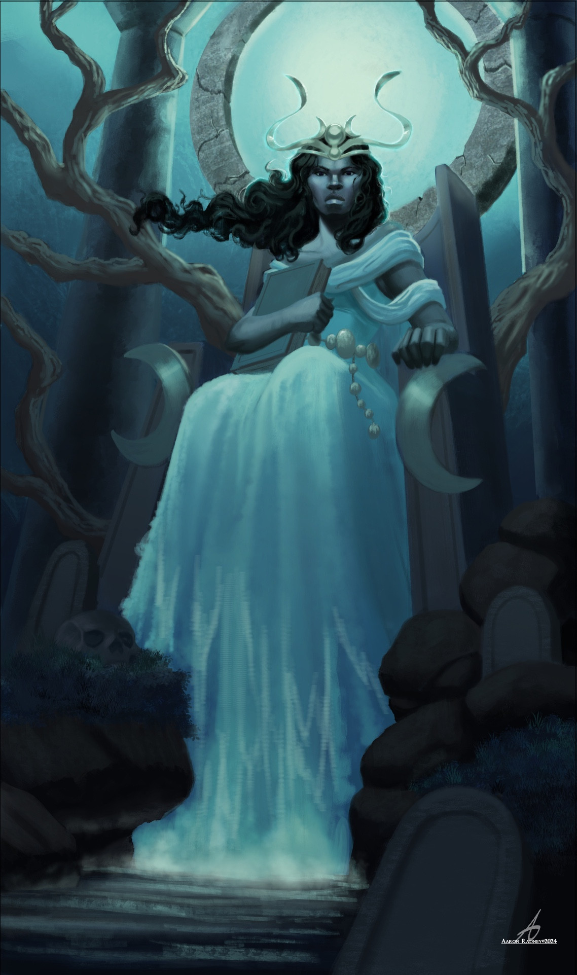 An image of a woman in a blue dress seated upon a throne with moon symbols on it looking down imperiously. She is surrounded by stones, gnarled trees and a stone circle behind her head. Her hair moves as though it's being blown by a strong wind or moved by ocean currents. Her dress flows into a waterfall that turns into a pool that flows into the foreground.