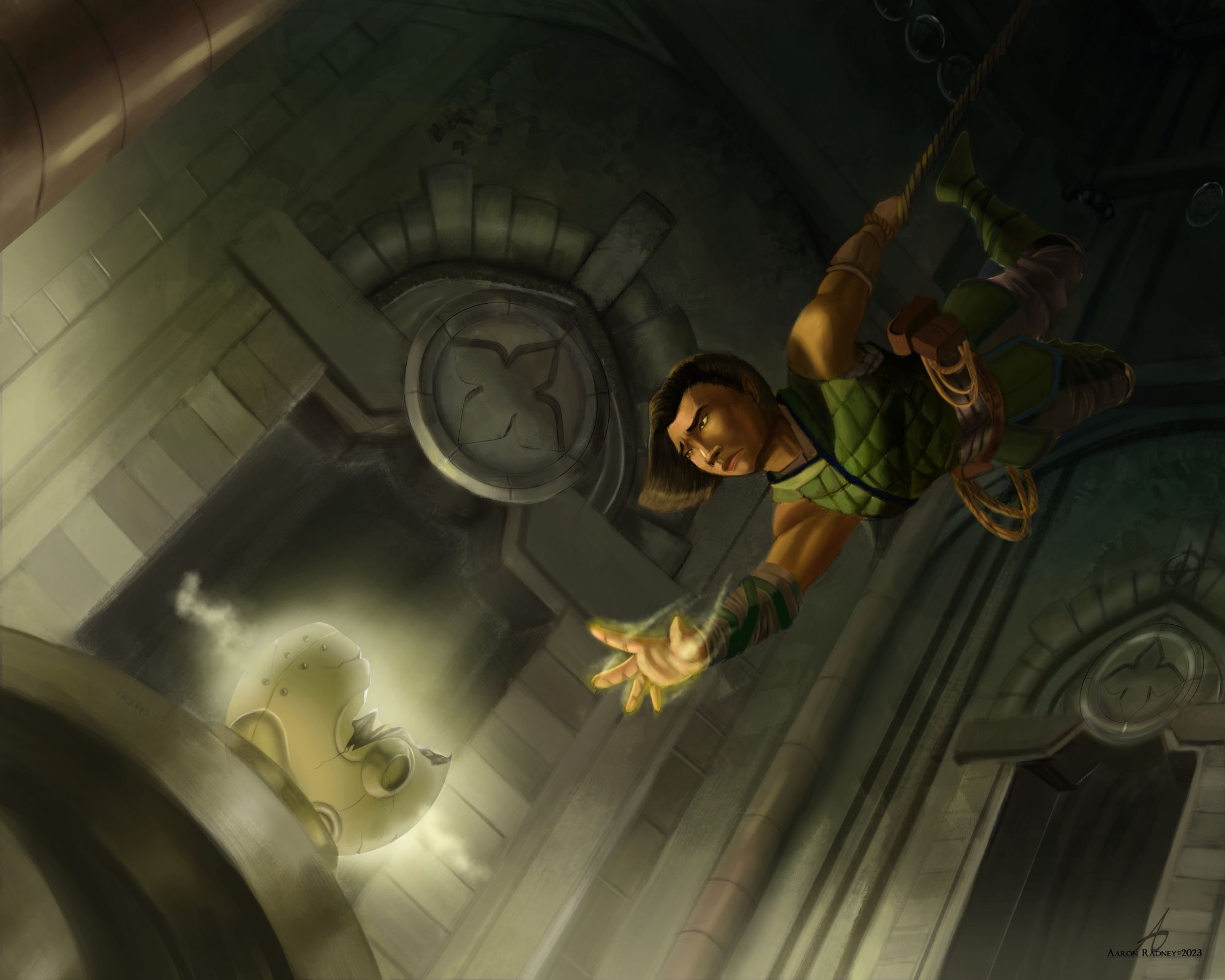 An image of a woman hanging from a rope by one hand as she reaches down to snag a glowing magical half-orb in an old looking vault. The woman has medium dark skin and slightly east asian features. The image is painted in hues of yellow, brown and green.