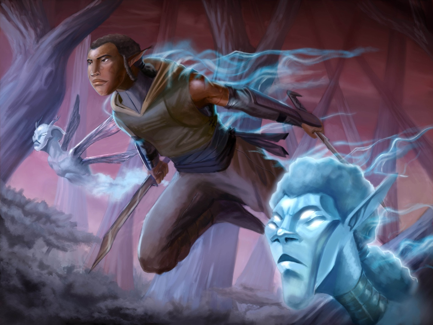 Serahn, a dark skinned elf with faint catlike markings leaps through a forest with a dark reddish colored sky. He’s flanked by two blue spectral entities trailing wispy energy like smoke. He too trails that same energy indicating a connection with the spirits.