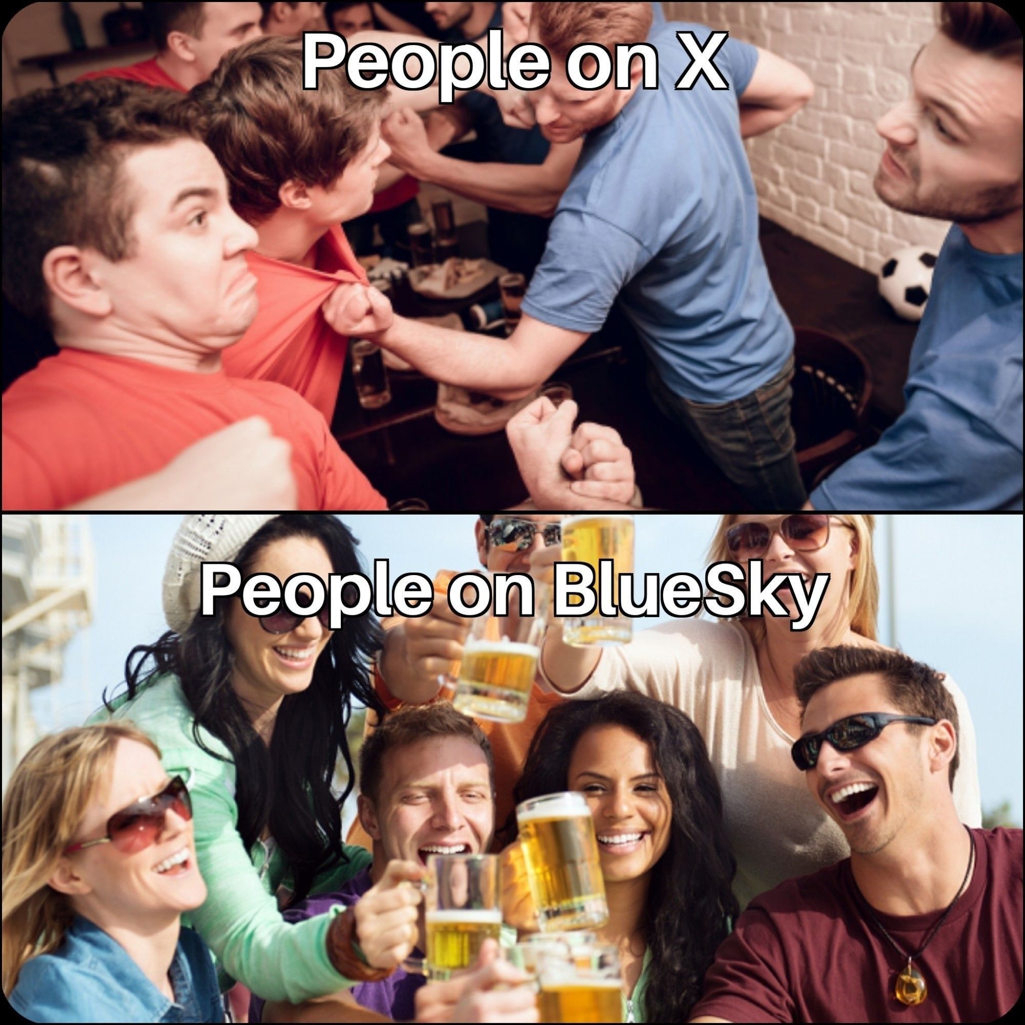 Top half of pic: people fighting, with the caption “People on X”

Bottom half of pic: smiling people toasting with beers, with the caption “People on Bluesky”