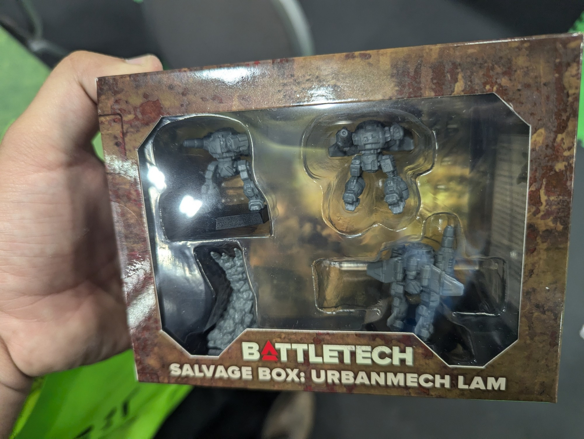 Quick photo taken of a box of Urbanmech LAMs from Catalyst games for Battletech