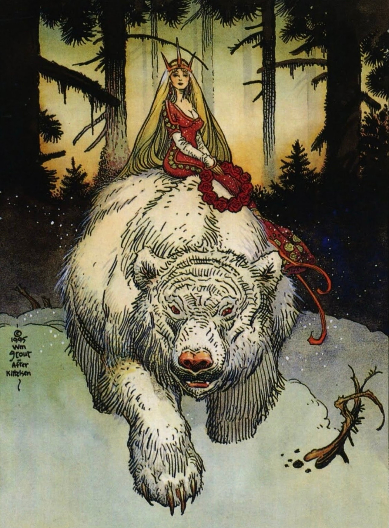 Illustration of a fairy tale princess with long, blonde hair wearing a red dress. She is sitting on a large white bear in a dark forest. 