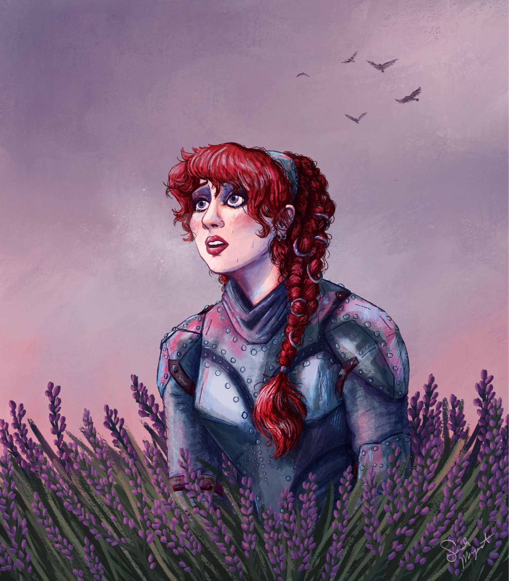 Digital painting of chappell roan as a medieval knight kneeling in a field of heather. carrion birds circle overhead