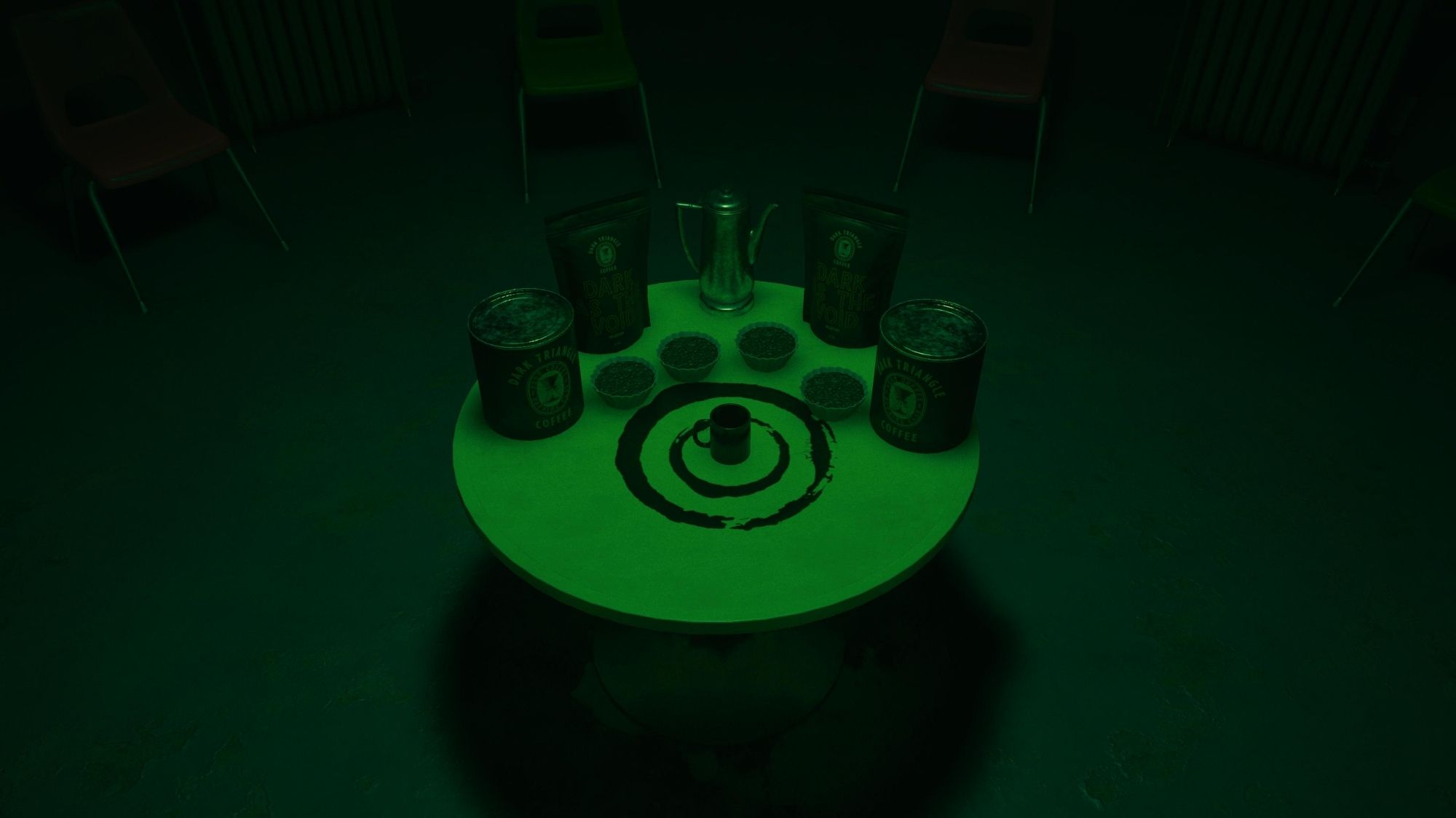 Screenshot of Alan Wake 2 Night Springs, mind altering coffee blend arranged in a ritual fashion.