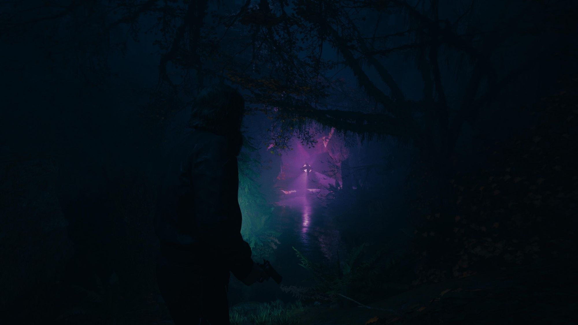 Screenshot of Alan Wake 2 Night Springs, The Actor is exploring the woods and comes upon an eerie glowing object.