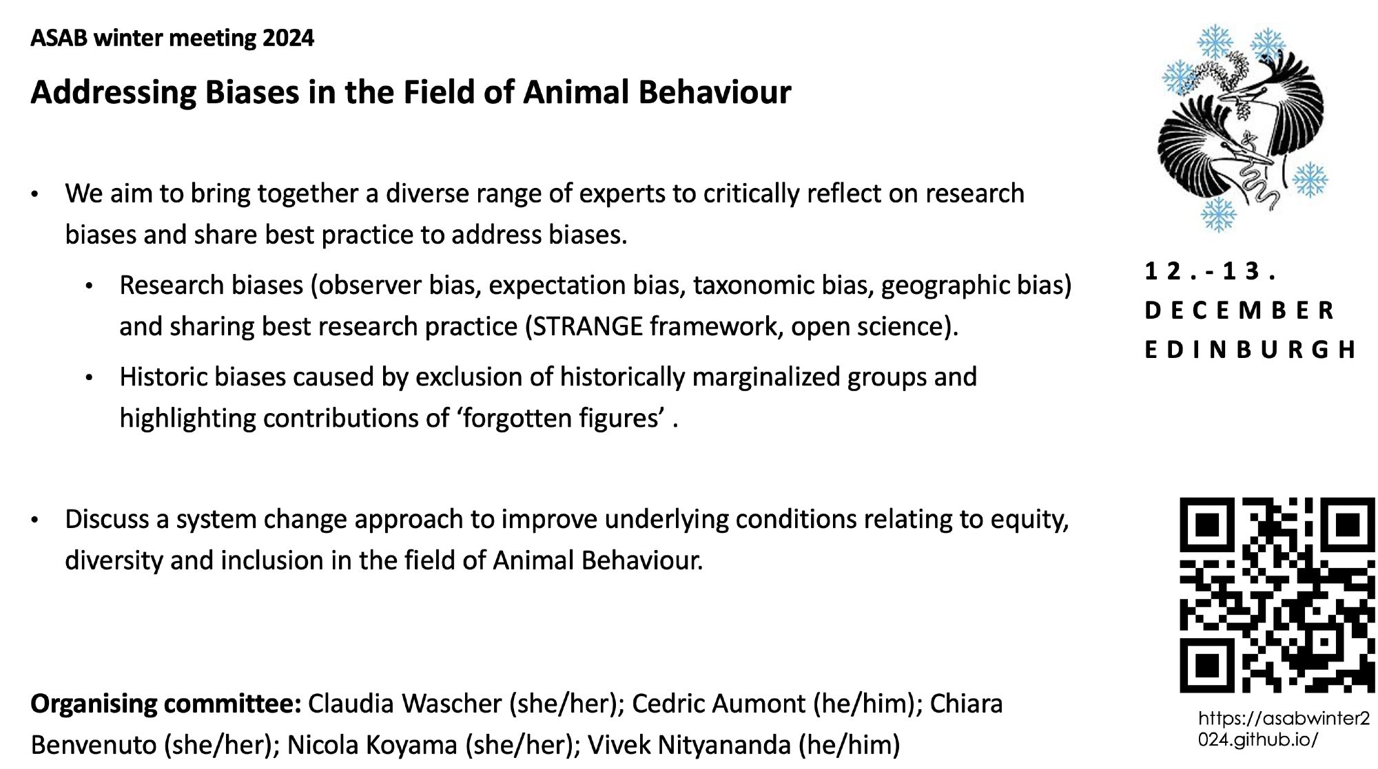 Announcement for ASAB winter meeting 2024 'Addressing Biases in the Field of Animal Behaviour'