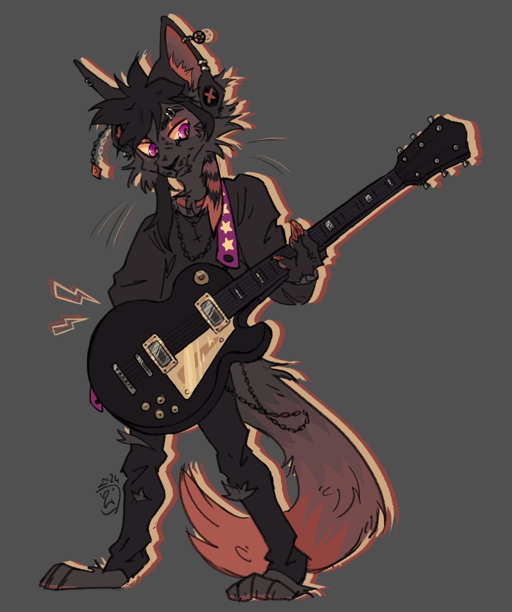 Anthropomorphic cat with black and red fur, dressed in scene/emo way, holding an electric guitar.